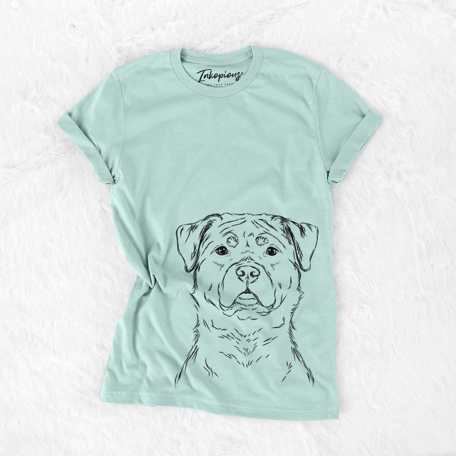 Hand-drawn sketch of Rocky the Rottweiler on a Heather Sage Bella Canvas Unisex Crewneck