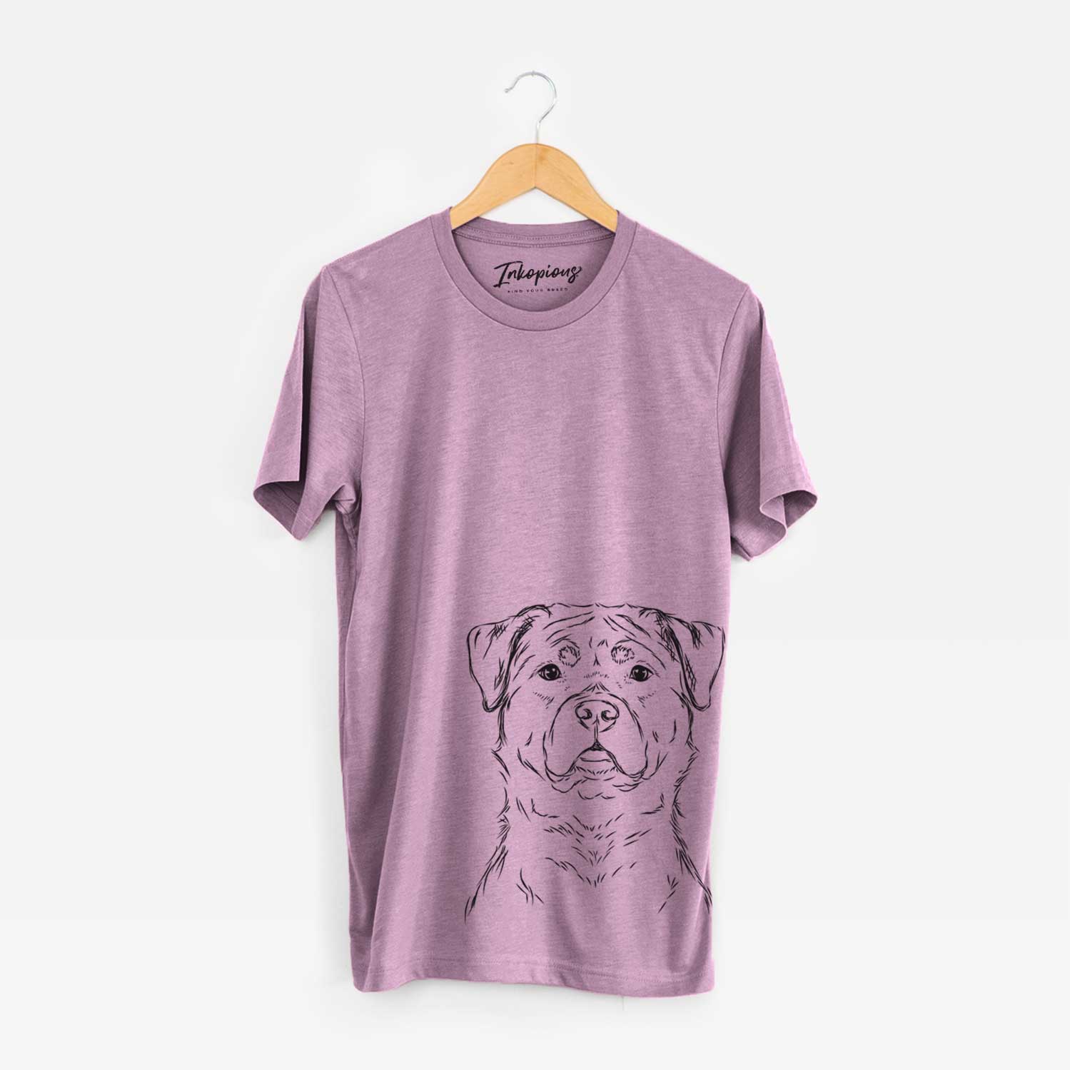 Hand-drawn sketch of Rocky the Rottweiler on an Orchid Bella Canvas Unisex Crewneck