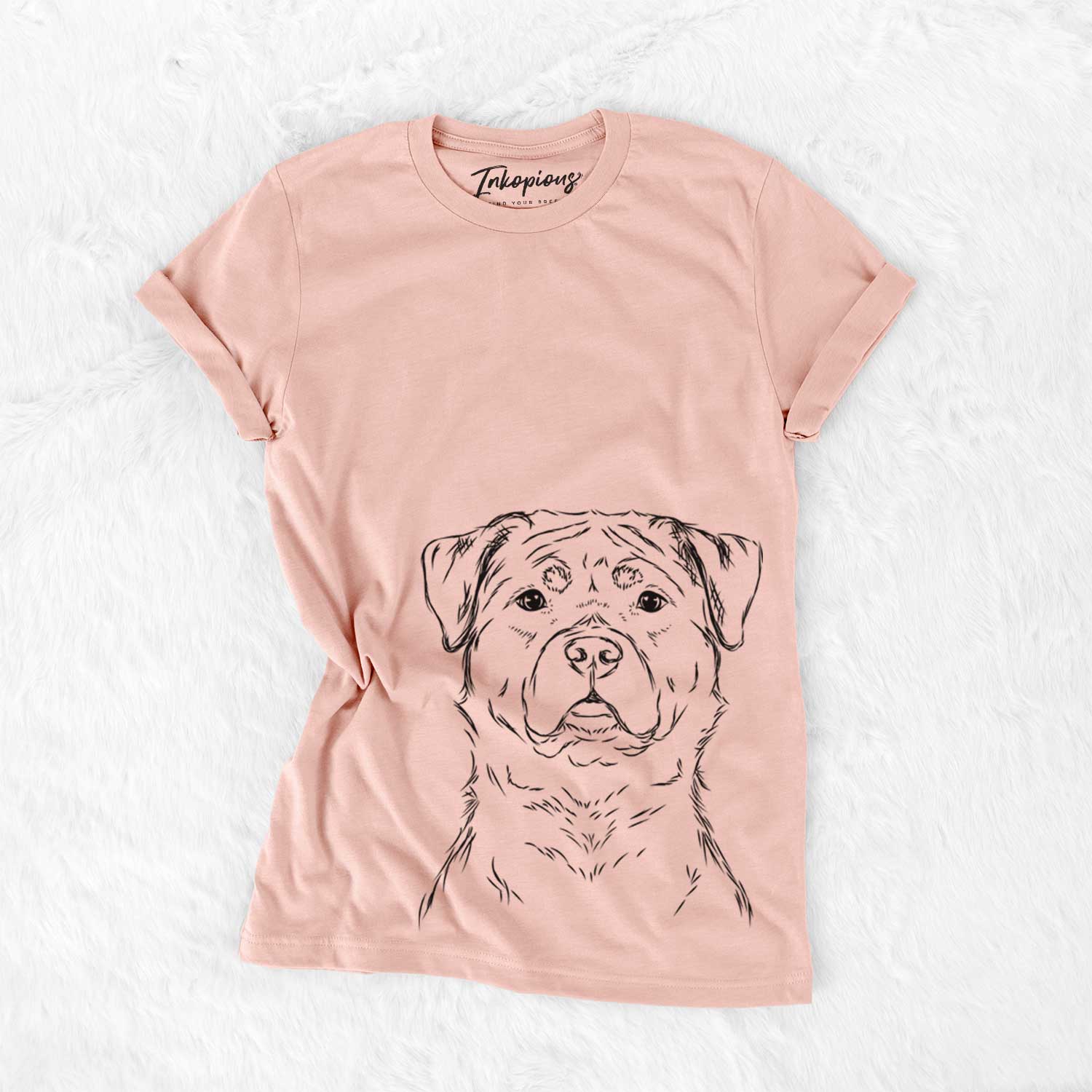 Hand-drawn sketch of Rocky the Rottweiler on a Peach Bella Canvas Unisex Crewneck