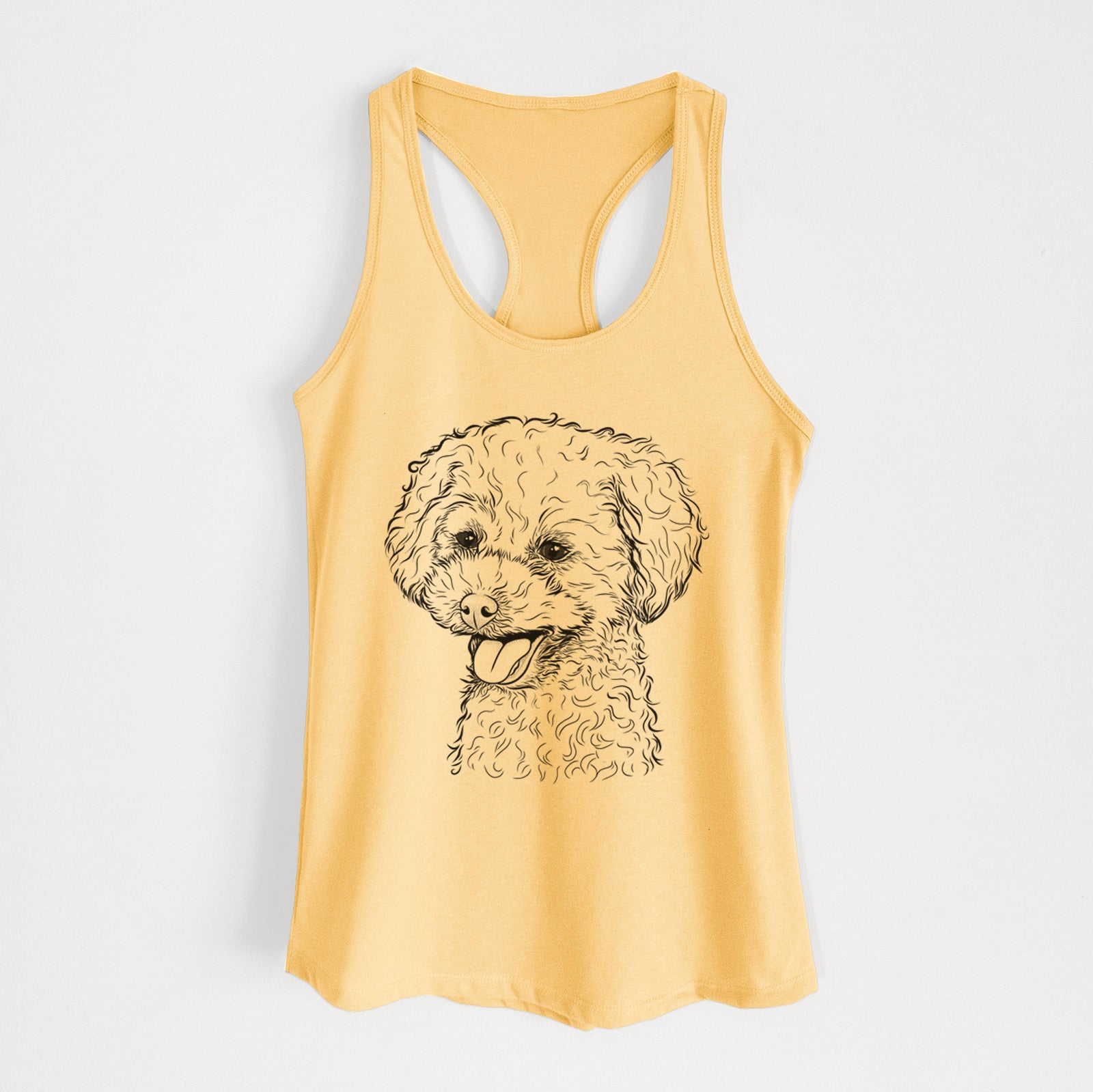 Hand-drawn sketch of Rocky the Teacup Poodle on a Banana Cream Women's racerback tanktop