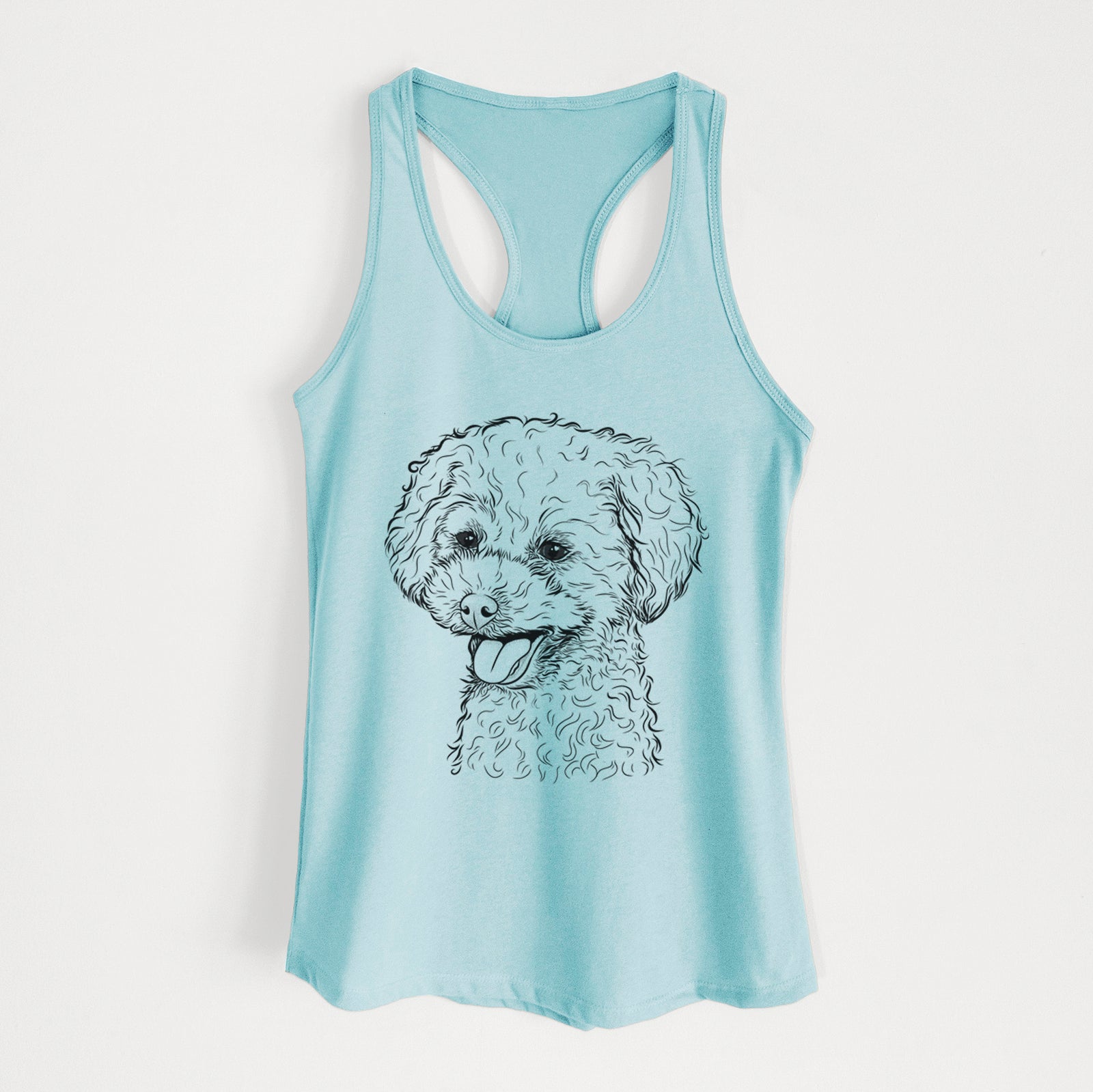 Hand-drawn sketch of Rocky the Teacup Poodle on a Cancun Blue Women's racerback tanktop