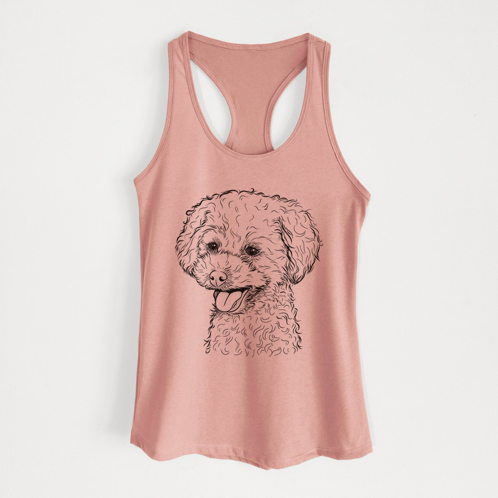 Hand-drawn sketch of Rocky the Teacup Poodle on a Desert Pink Women's racerback tanktop