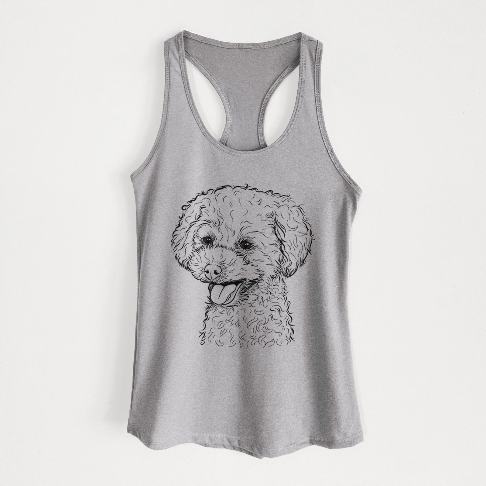 Hand-drawn sketch of Rocky the Teacup Poodle on a Heather Grey Women's racerback tanktop