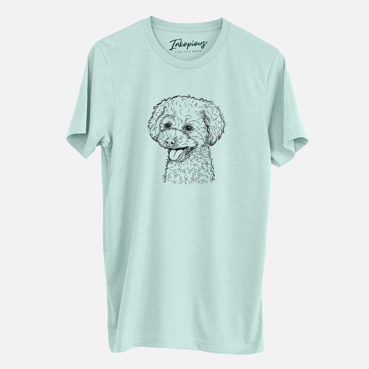 Hand-drawn sketch of Rocky the Teacup Poodle on a Heather Sage Unisex crewneck