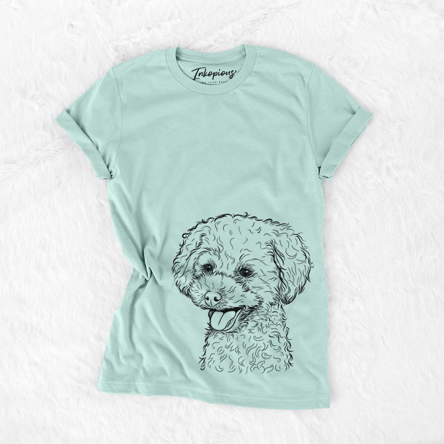 Hand-drawn sketch of Rocky the Teacup Poodle on a Heather Sage Unisex crewneck