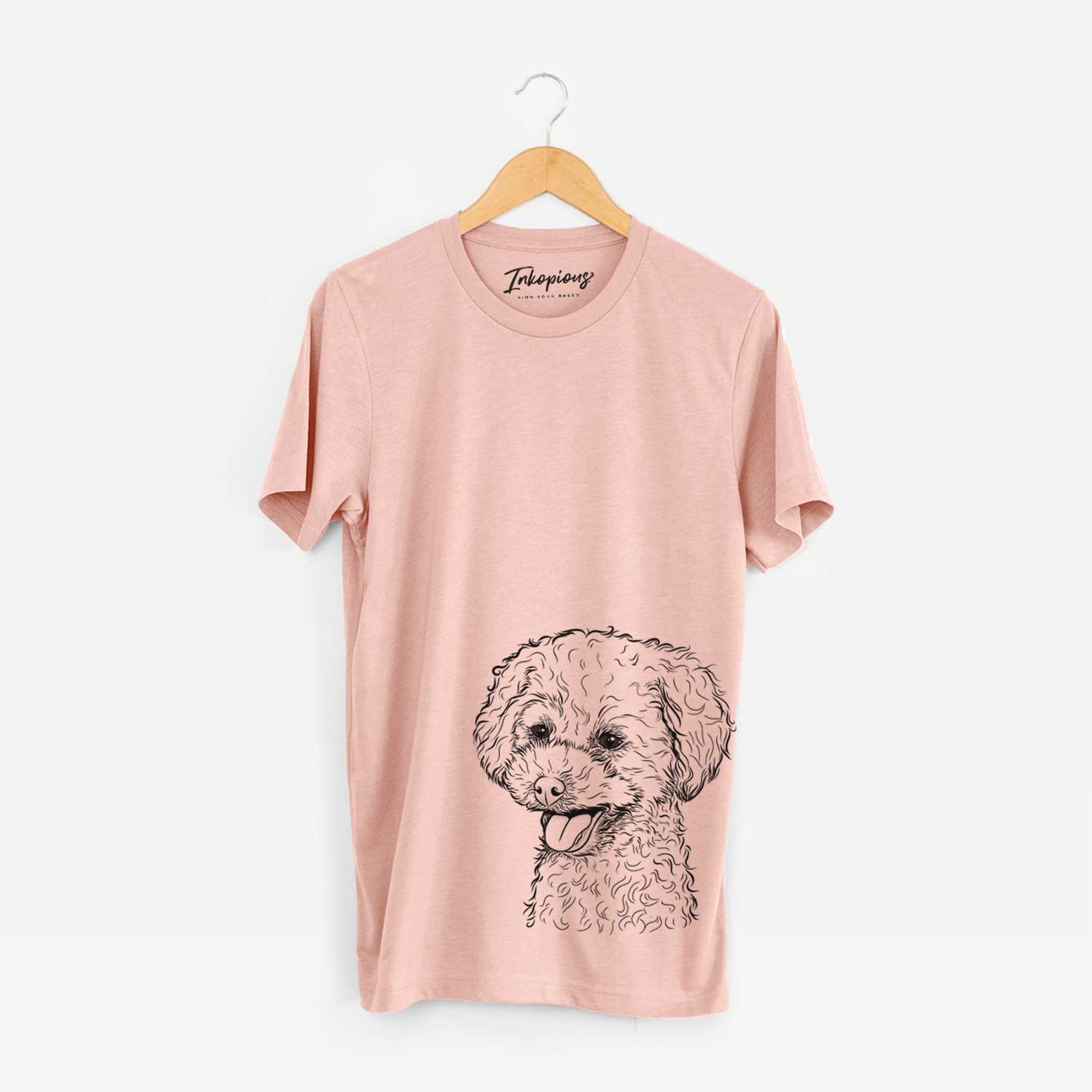 Hand-drawn sketch of Rocky the Teacup Poodle on a Peach Unisex crewneck