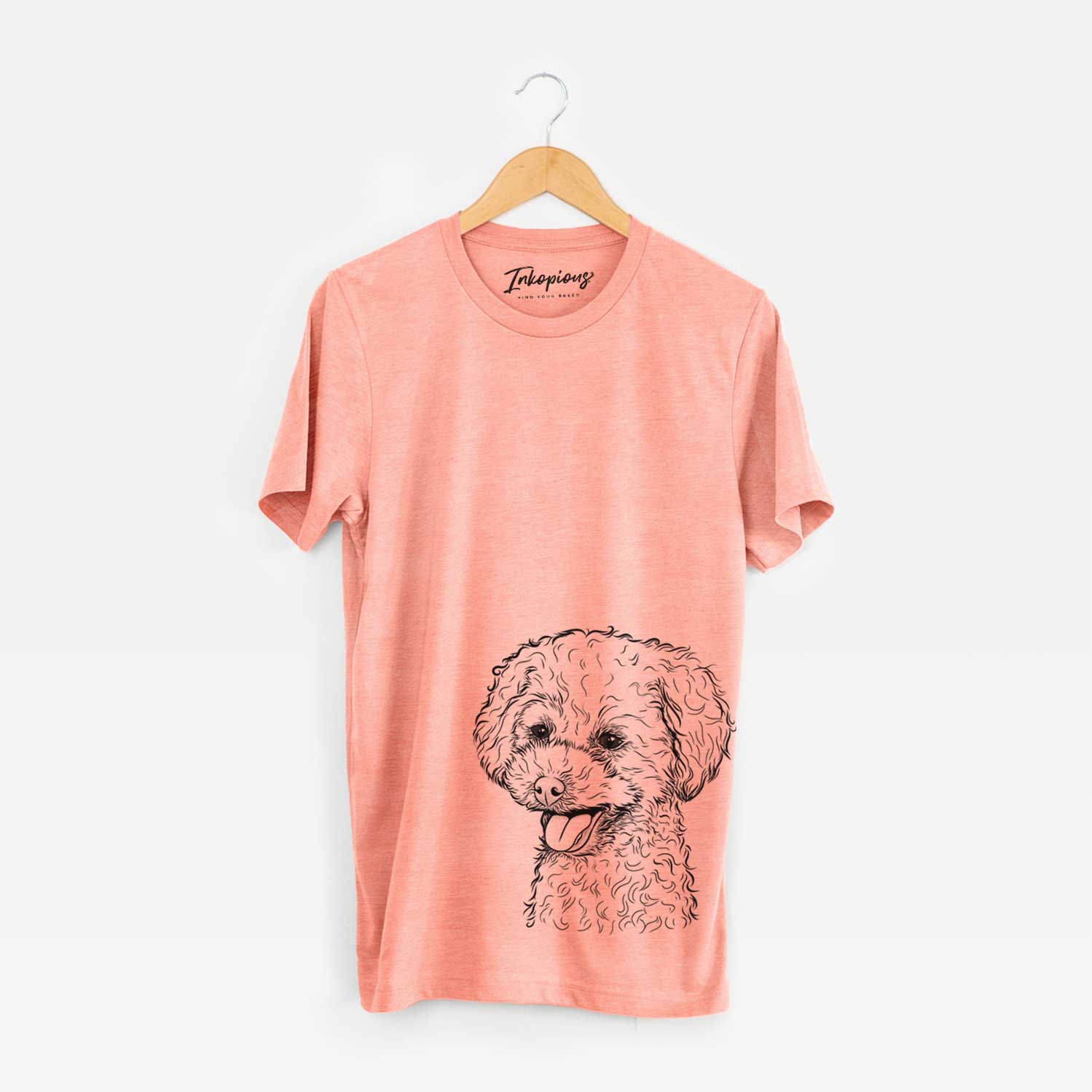 Hand-drawn sketch of Rocky the Teacup Poodle on a Sunset Unisex crewneck