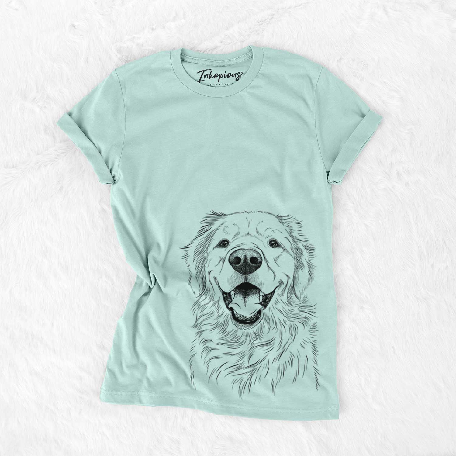 Hand-drawn sketch of Roger the Golden Retriever on a Heather Sage Unisex crewneck