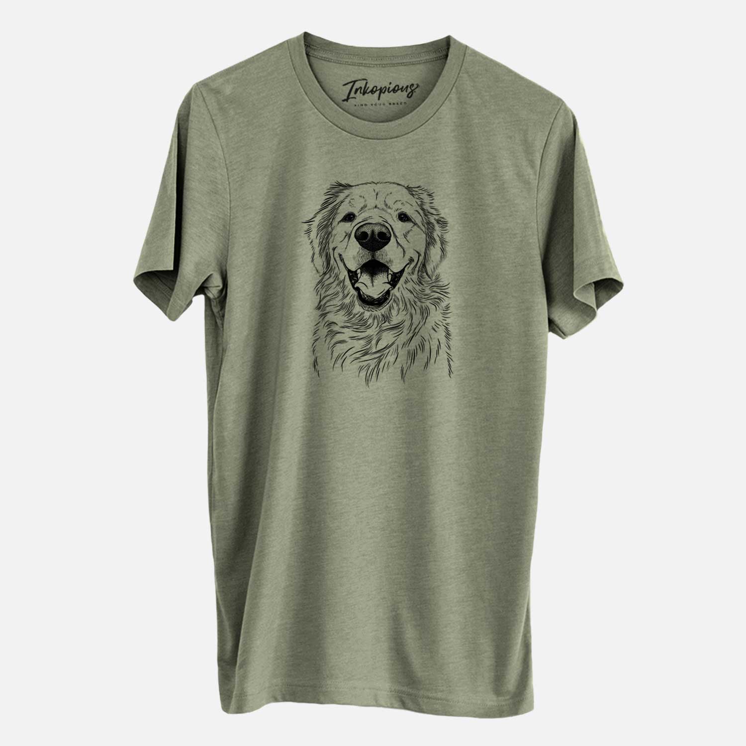Hand-drawn sketch of Roger the Golden Retriever on an Olive Unisex crewneck