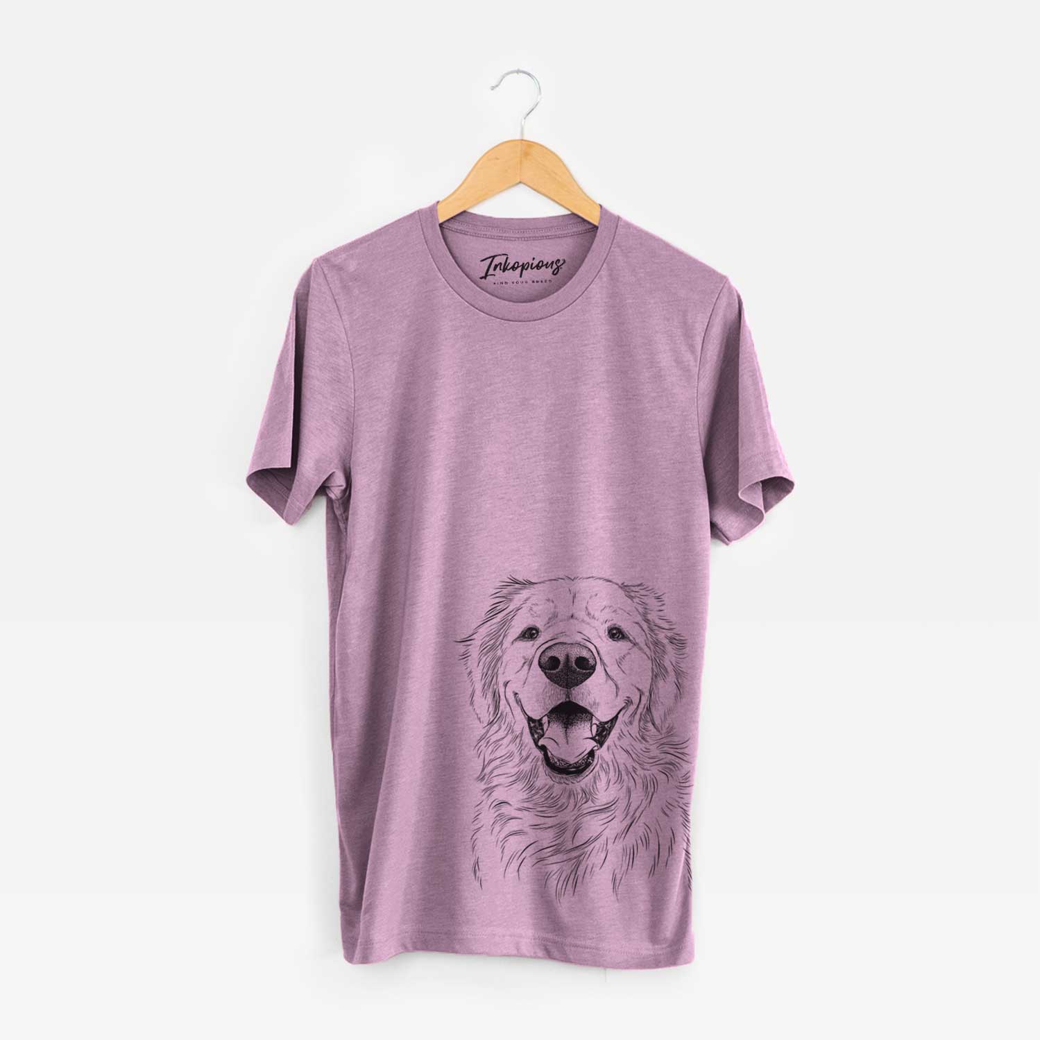 Hand-drawn sketch of Roger the Golden Retriever on an Orchid Unisex crewneck