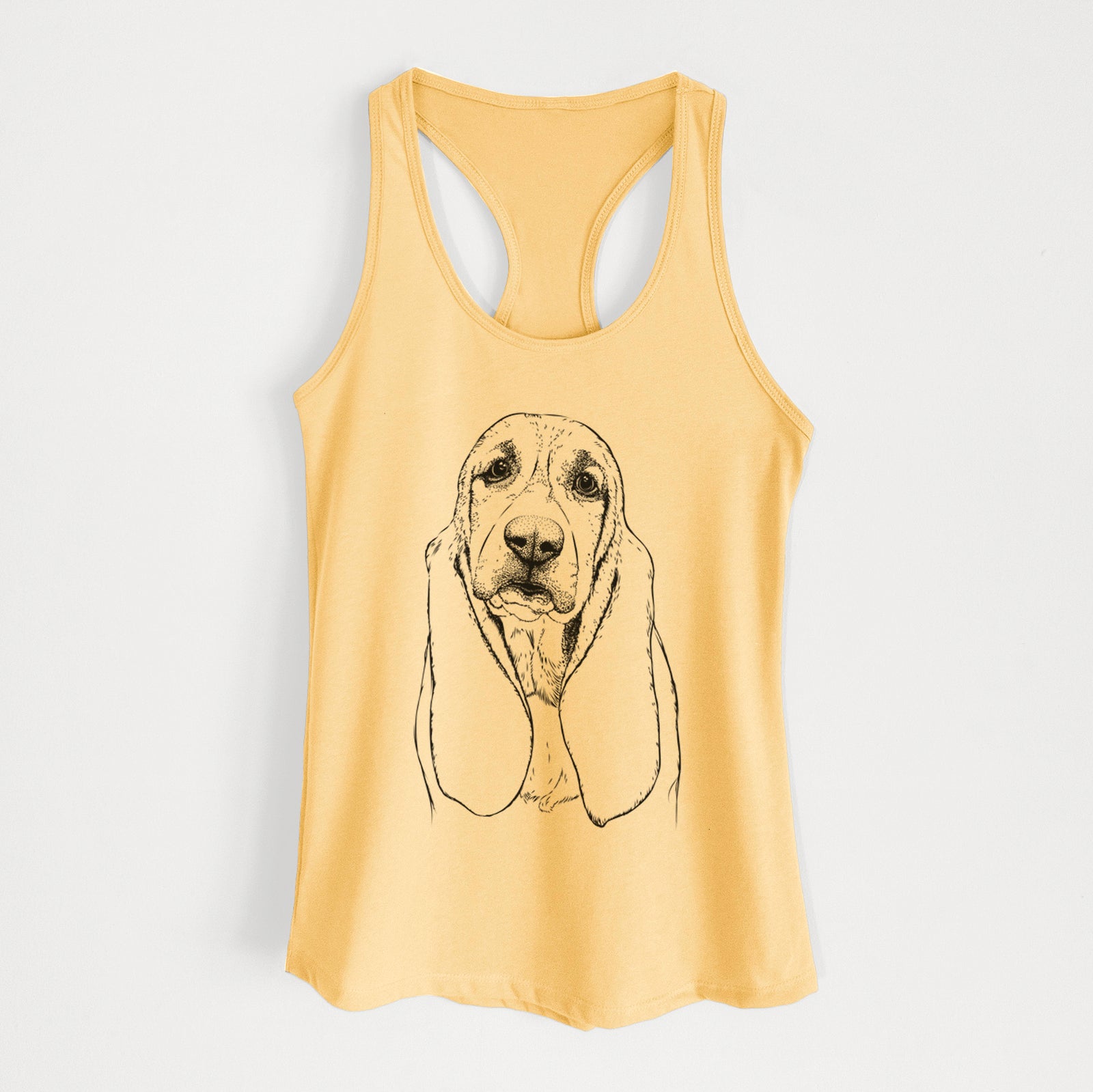 Hand-drawn sketch of Rolo the Basset Hound on a Banana Cream Women's racerback tanktop