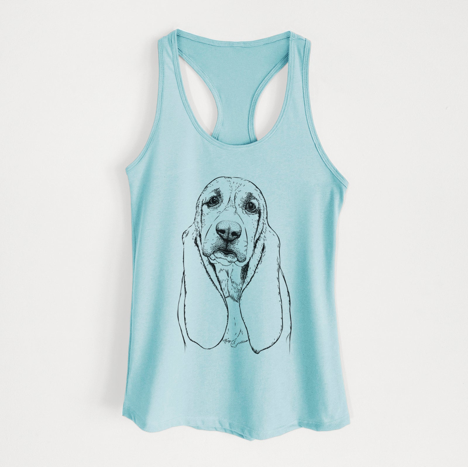 Hand-drawn sketch of Rolo the Basset Hound on a Cancun Blue Women's racerback tanktop