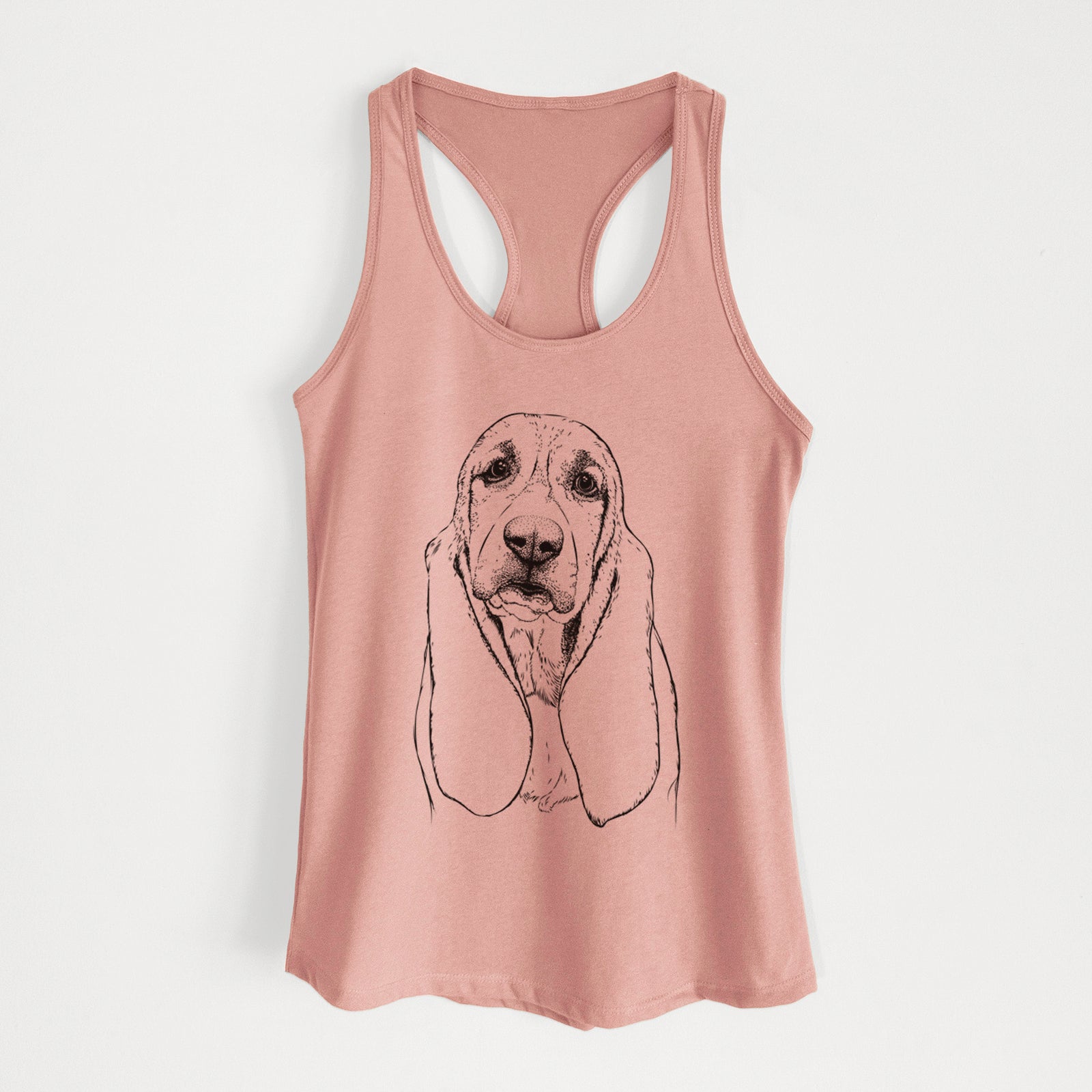Hand-drawn sketch of Rolo the Basset Hound on a Desert Pink Women's racerback tanktop