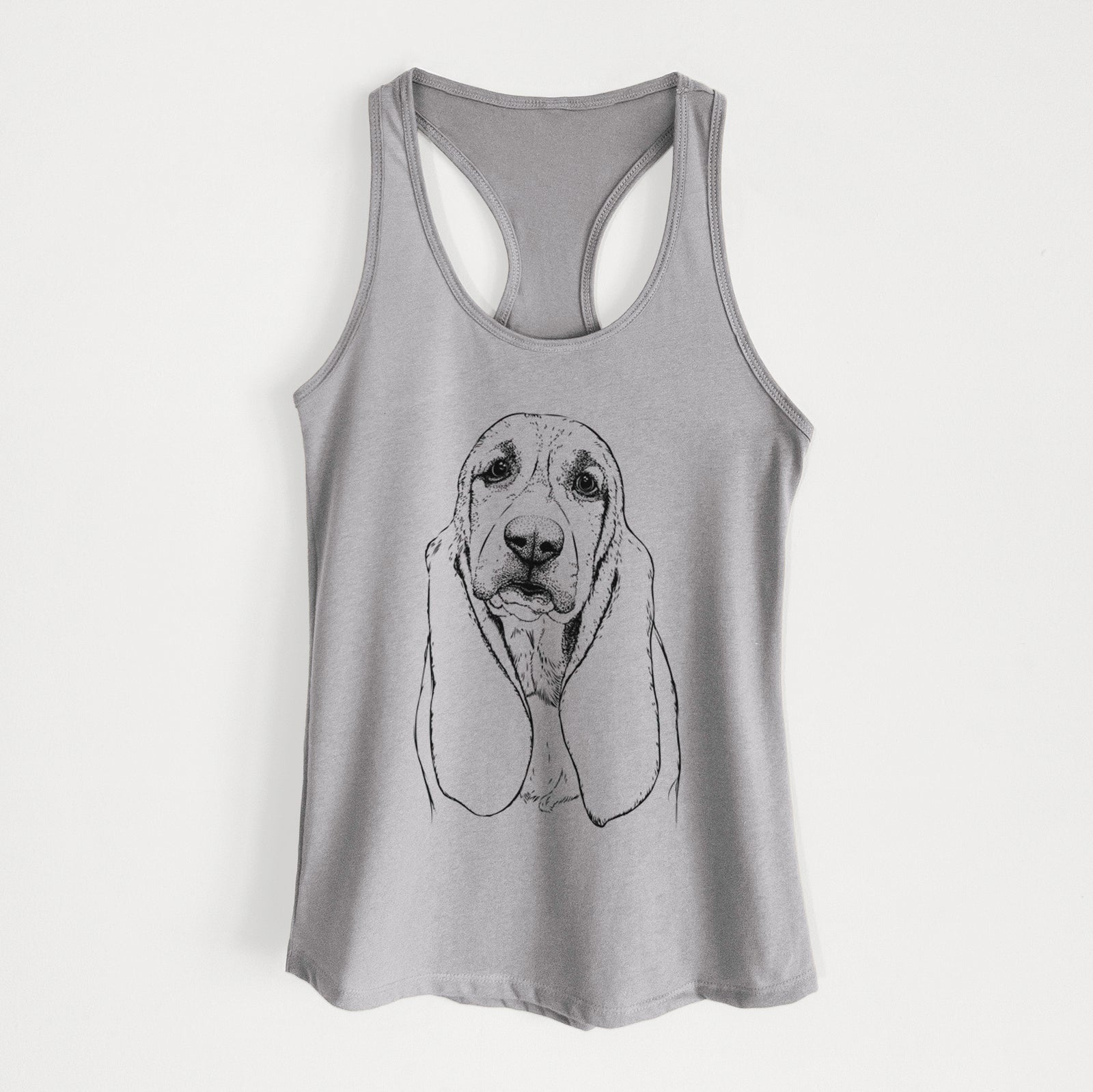 Hand-drawn sketch of Rolo the Basset Hound on a Heather Grey Women's racerback tanktop
