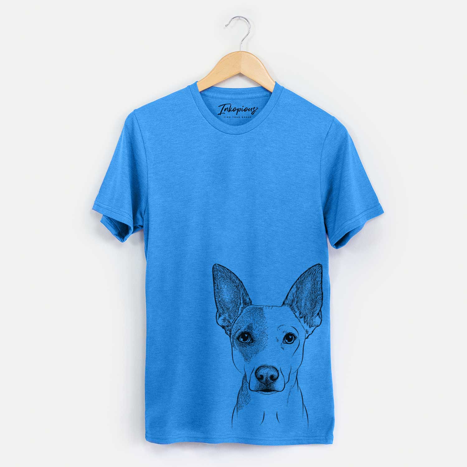Hand-drawn sketch of Roo the Mixed Breed on a Blue Unisex crewneck
