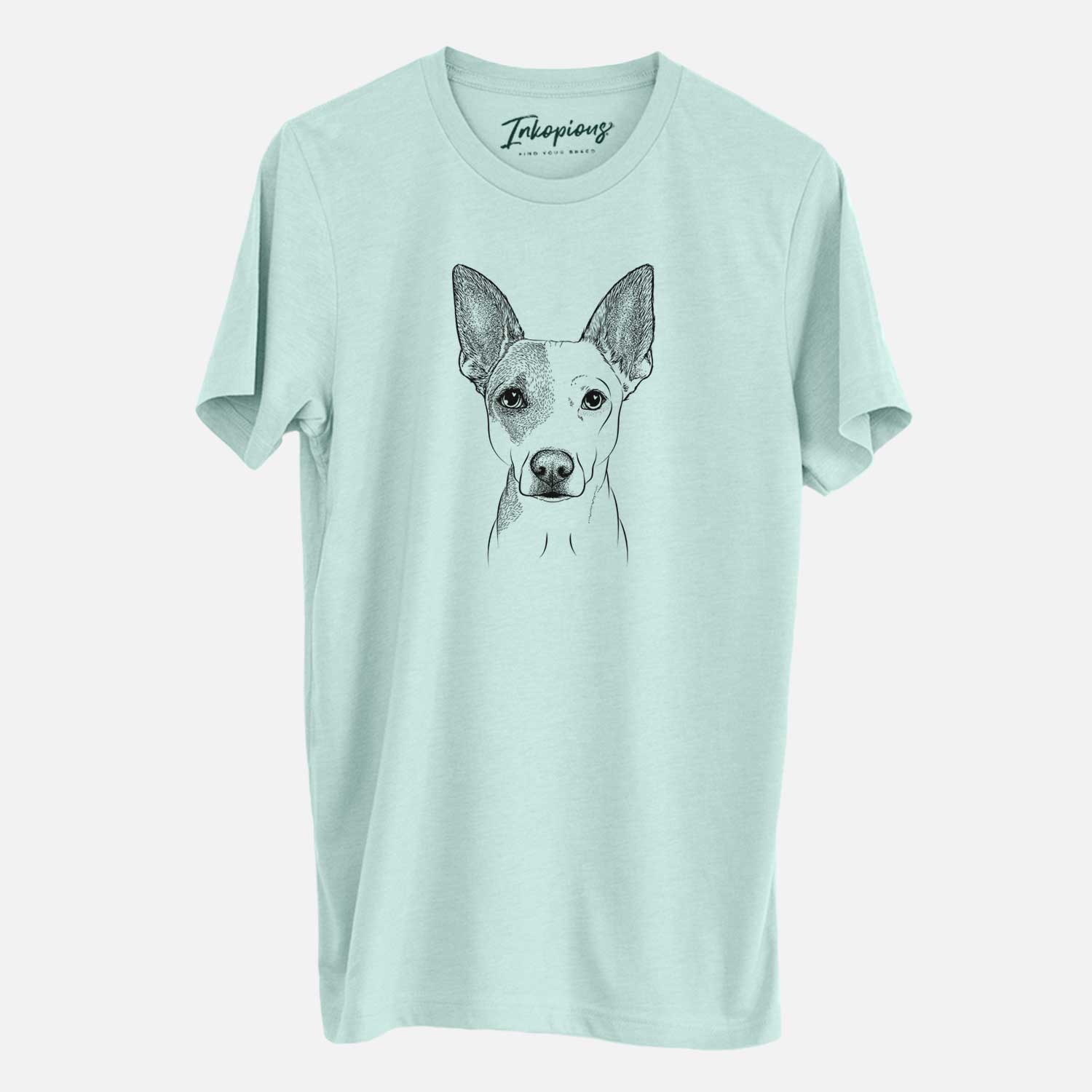 Hand-drawn sketch of Roo the Mixed Breed on a Heather Sage Unisex crewneck