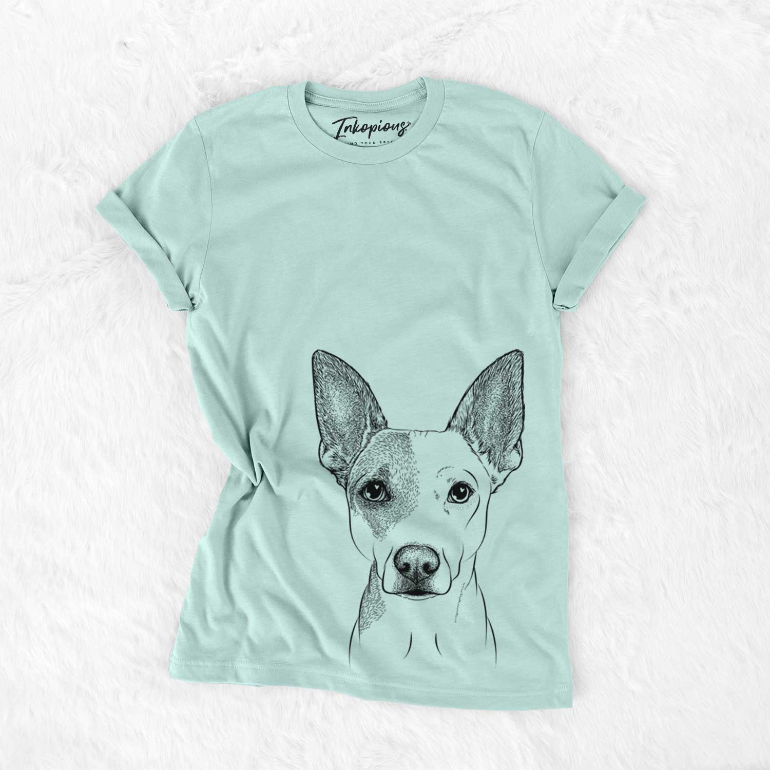 Hand-drawn sketch of Roo the Mixed Breed on a Heather Sage Unisex crewneck