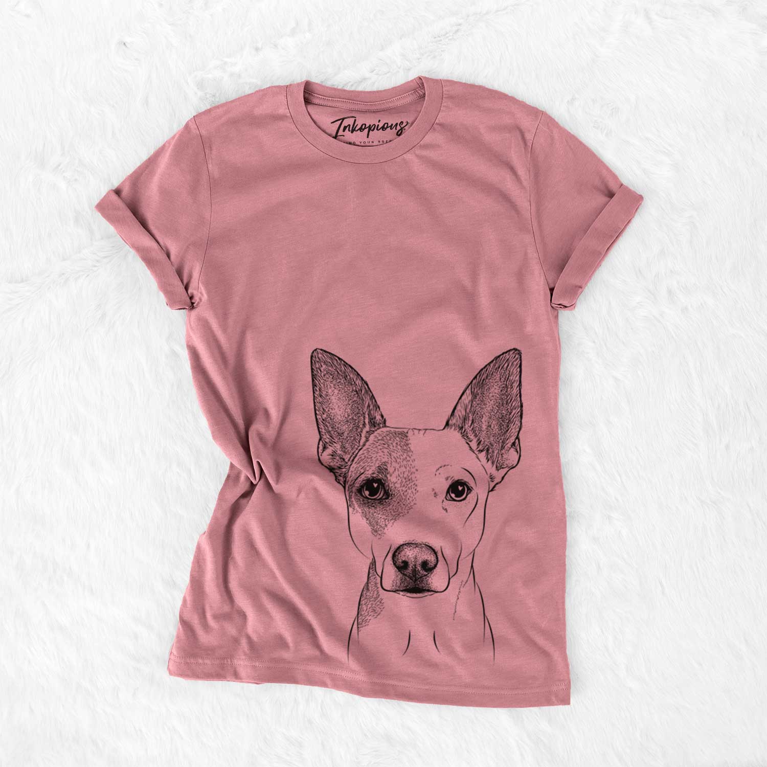 Hand-drawn sketch of Roo the Mixed Breed on a Mauve Unisex crewneck