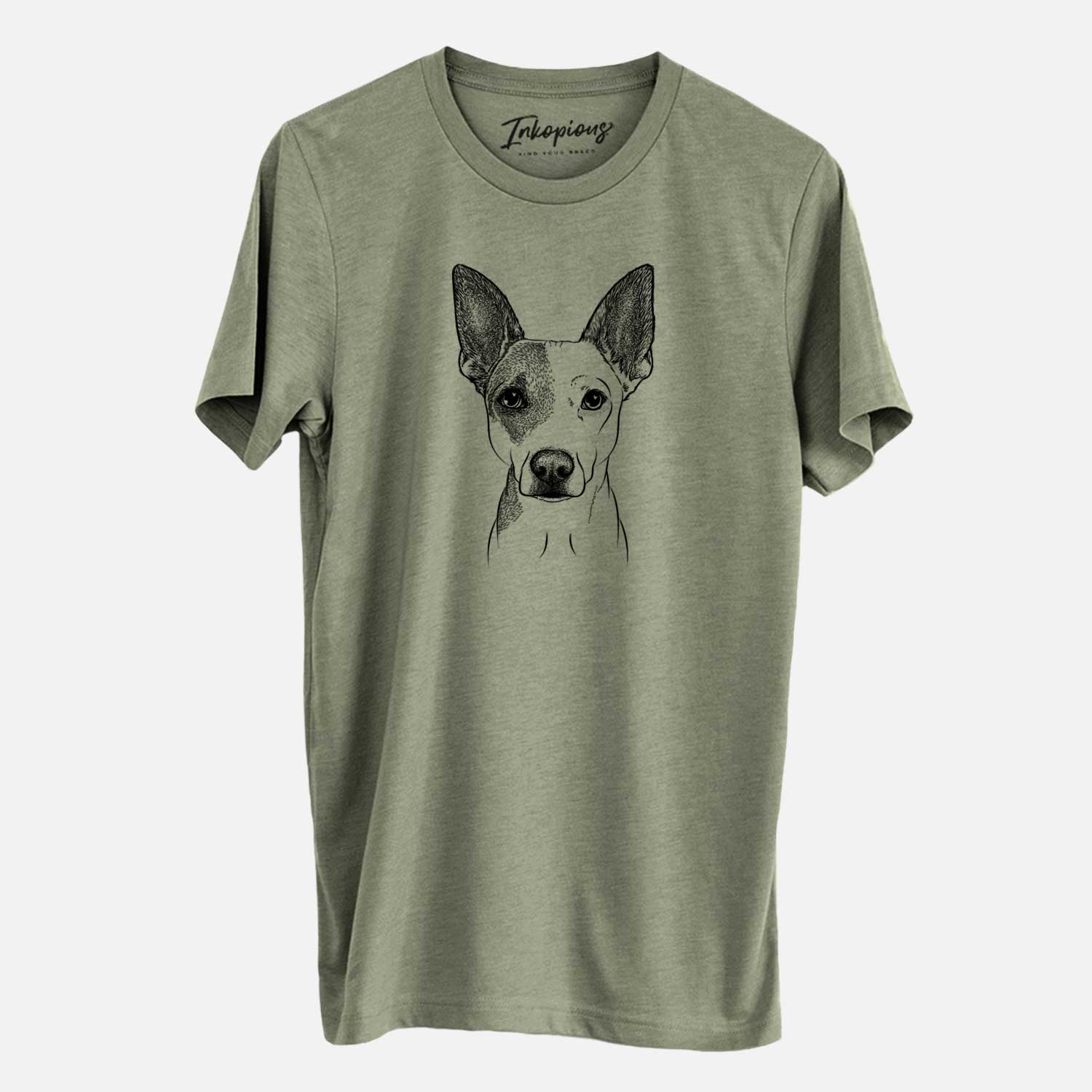 Hand-drawn sketch of Roo the Mixed Breed on an Olive Unisex crewneck