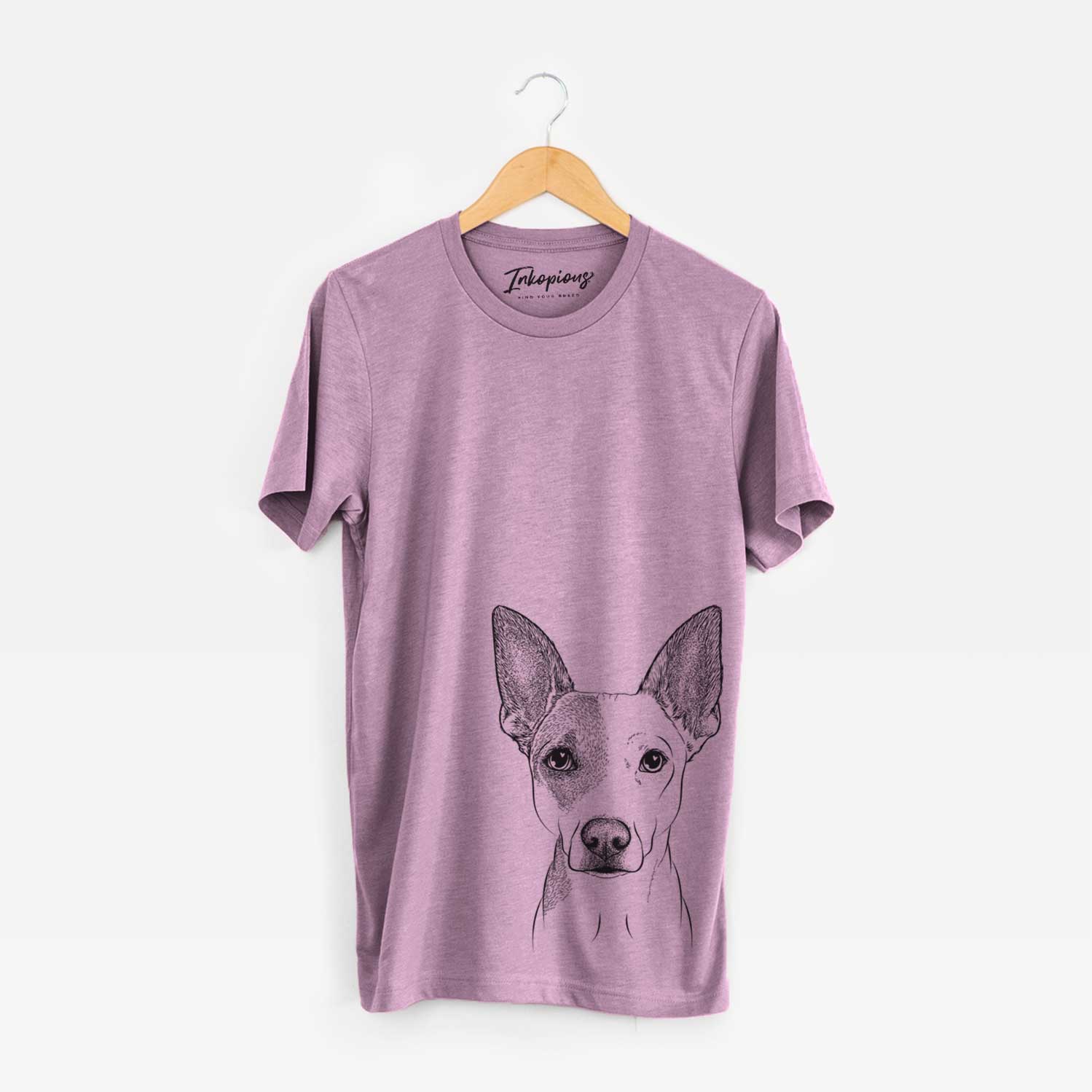 Hand-drawn sketch of Roo the Mixed Breed on an Orchid Unisex crewneck