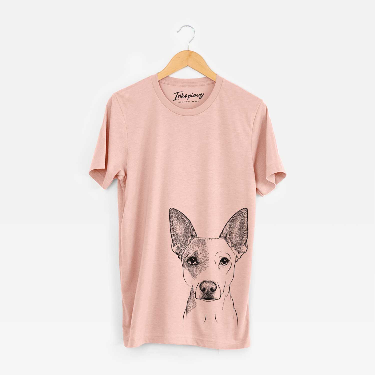 Hand-drawn sketch of Roo the Mixed Breed on a Peach Unisex crewneck