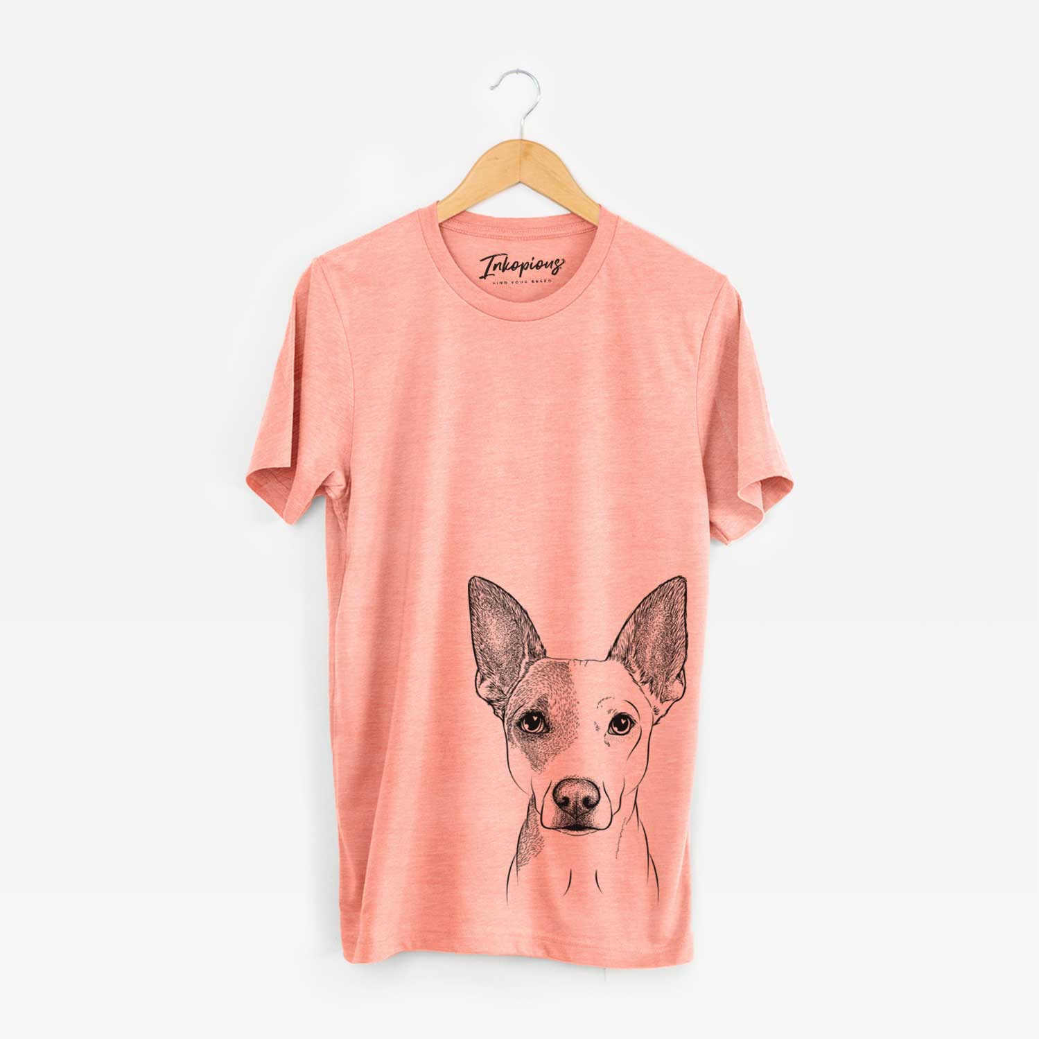 Hand-drawn sketch of Roo the Mixed Breed on a Sunset Unisex crewneck