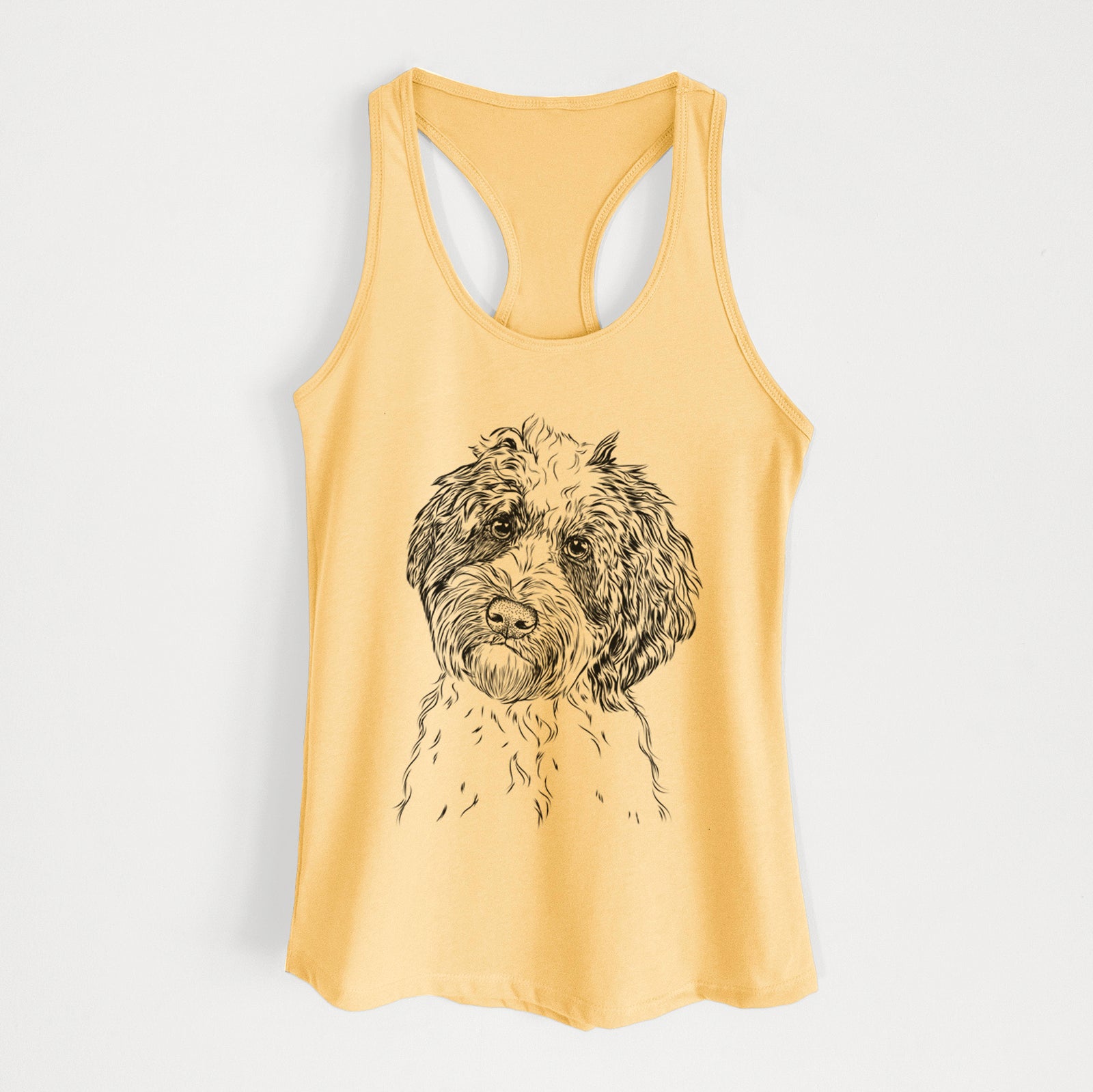 Hand-drawn sketch of Rooney the Aussiedoodle on a Banana Cream Women's racerback tanktop