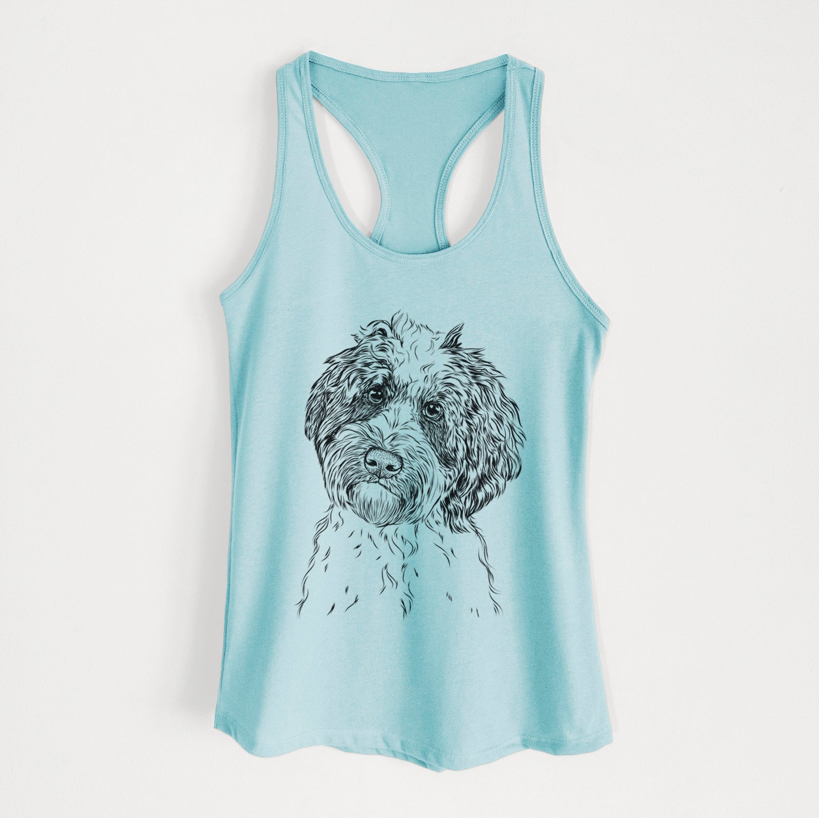 Hand-drawn sketch of Rooney the Aussiedoodle on a Cancun Blue Women's racerback tanktop