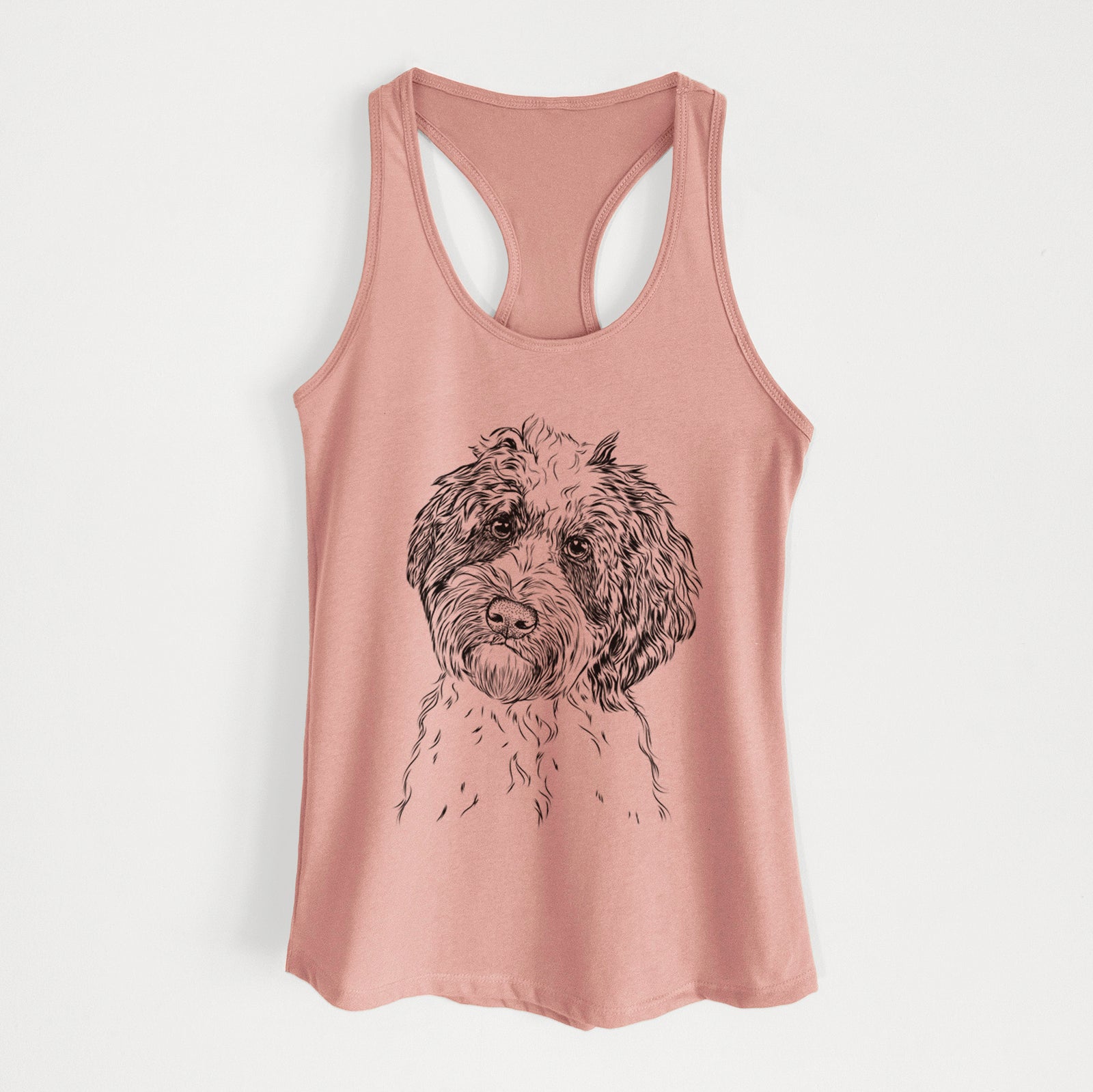 Hand-drawn sketch of Rooney the Aussiedoodle on a Desert Pink Women's racerback tanktop