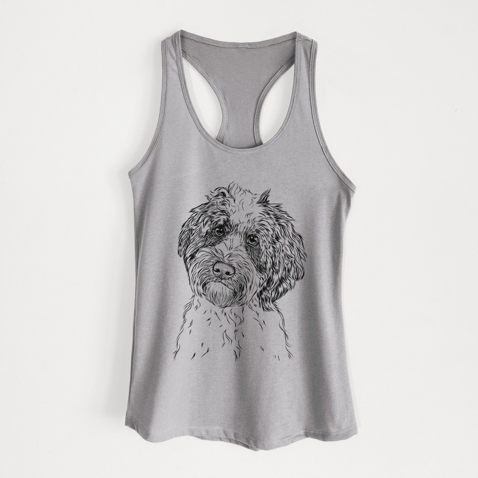 Hand-drawn sketch of Rooney the Aussiedoodle on a Heather Grey Women's racerback tanktop