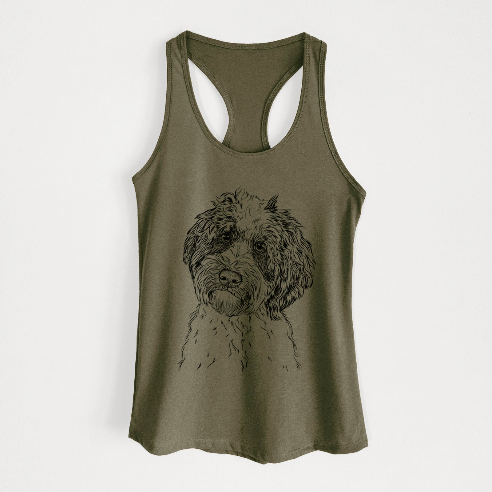Hand-drawn sketch of Rooney the Aussiedoodle on a Military Green Women's racerback tanktop
