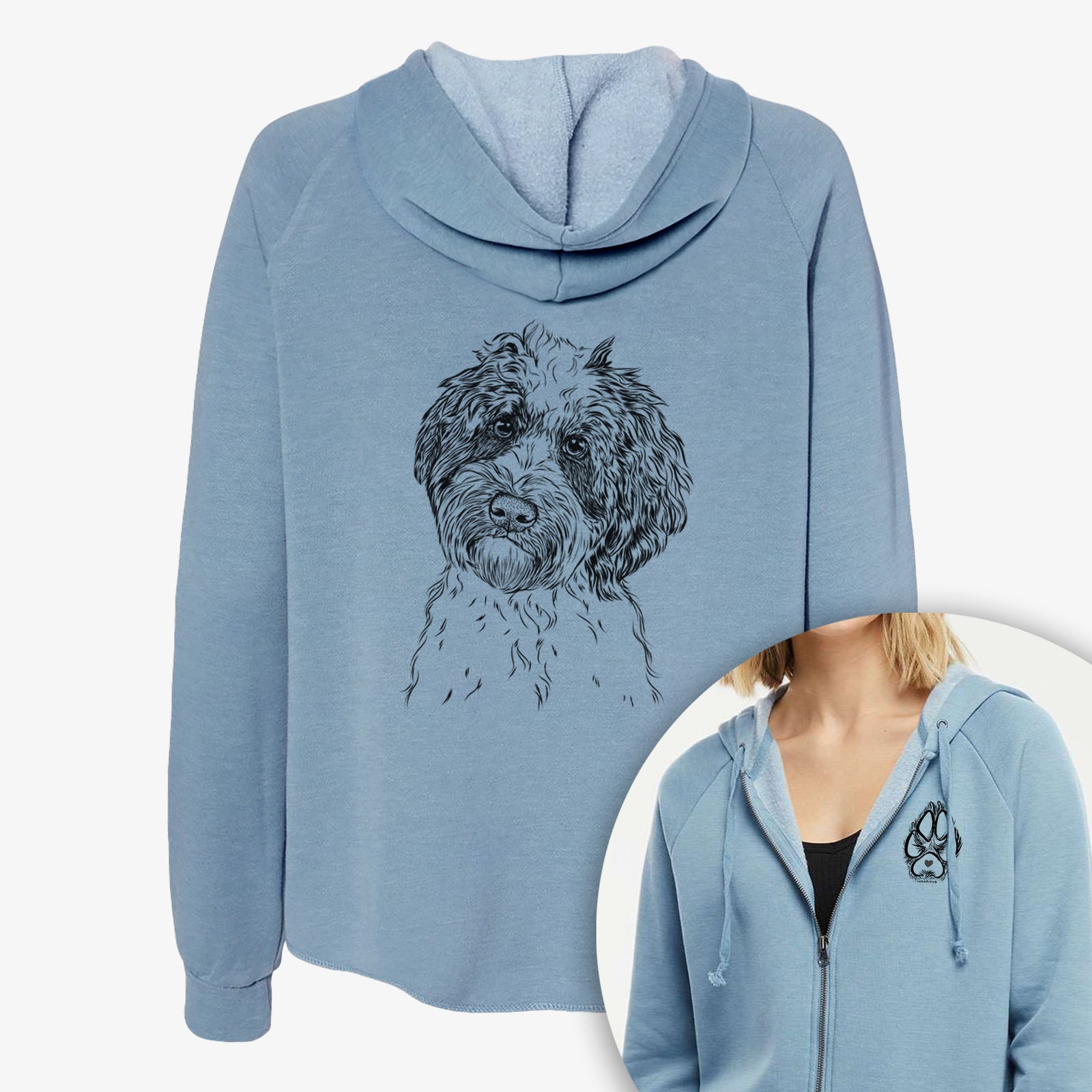 Hand-drawn sketch of Rooney the Aussiedoodle on a Women's cali wave zip-up sweatshirt, shown with icons of the other available costume styles