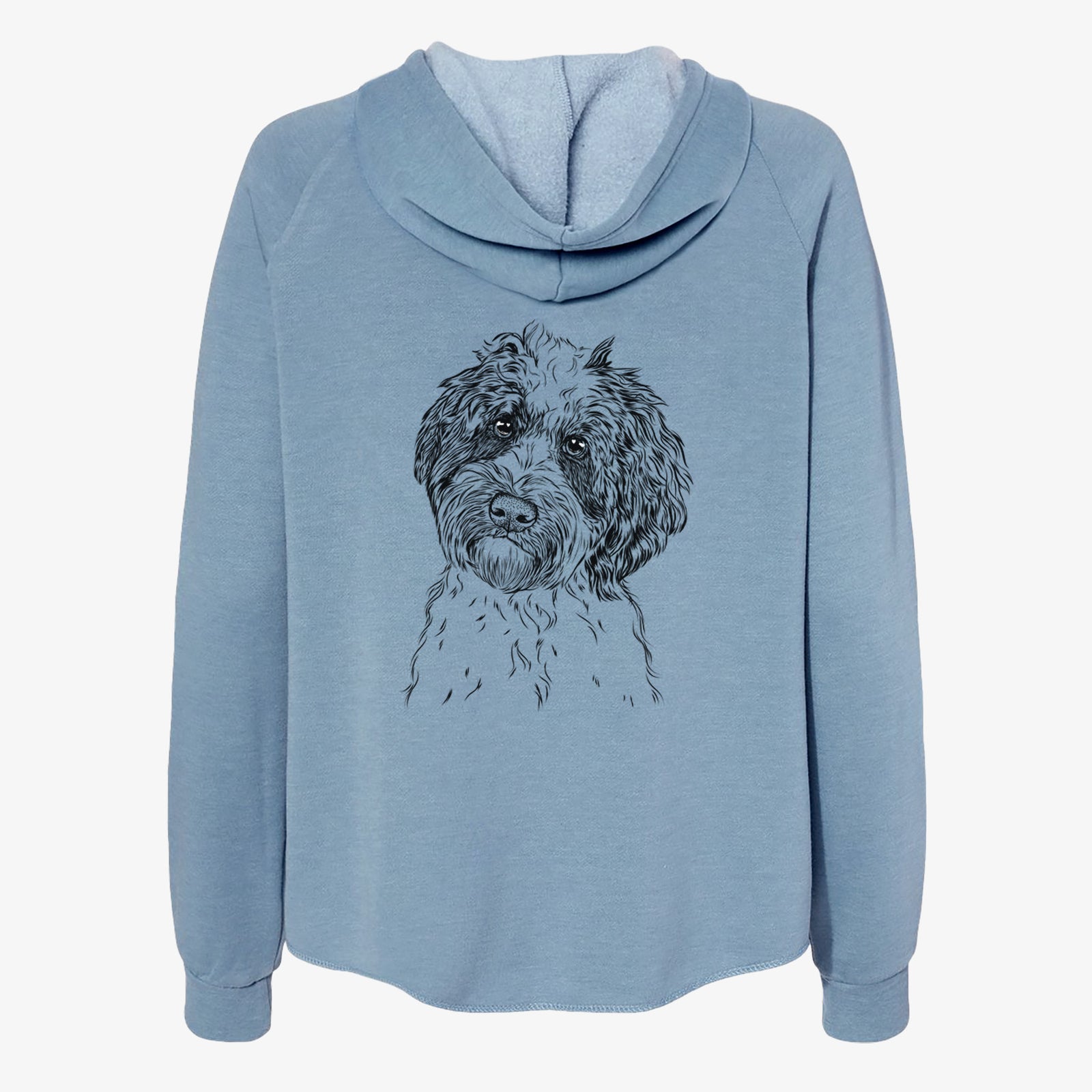 Hand-drawn sketch of Rooney the Aussiedoodle on a Misty Blue Women's cali wave zip-up sweatshirt
