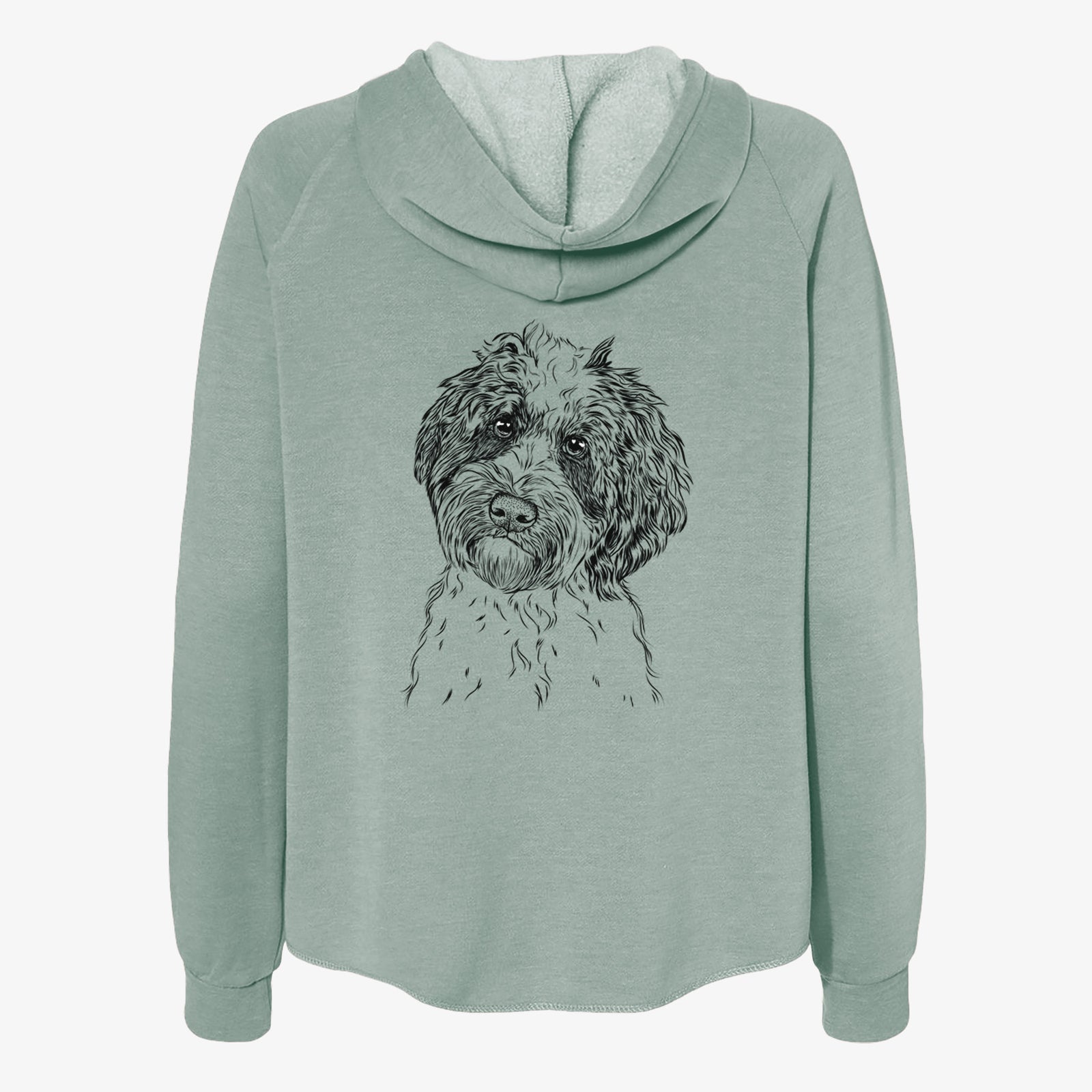 Hand-drawn sketch of Rooney the Aussiedoodle on a Sage Women's cali wave zip-up sweatshirt