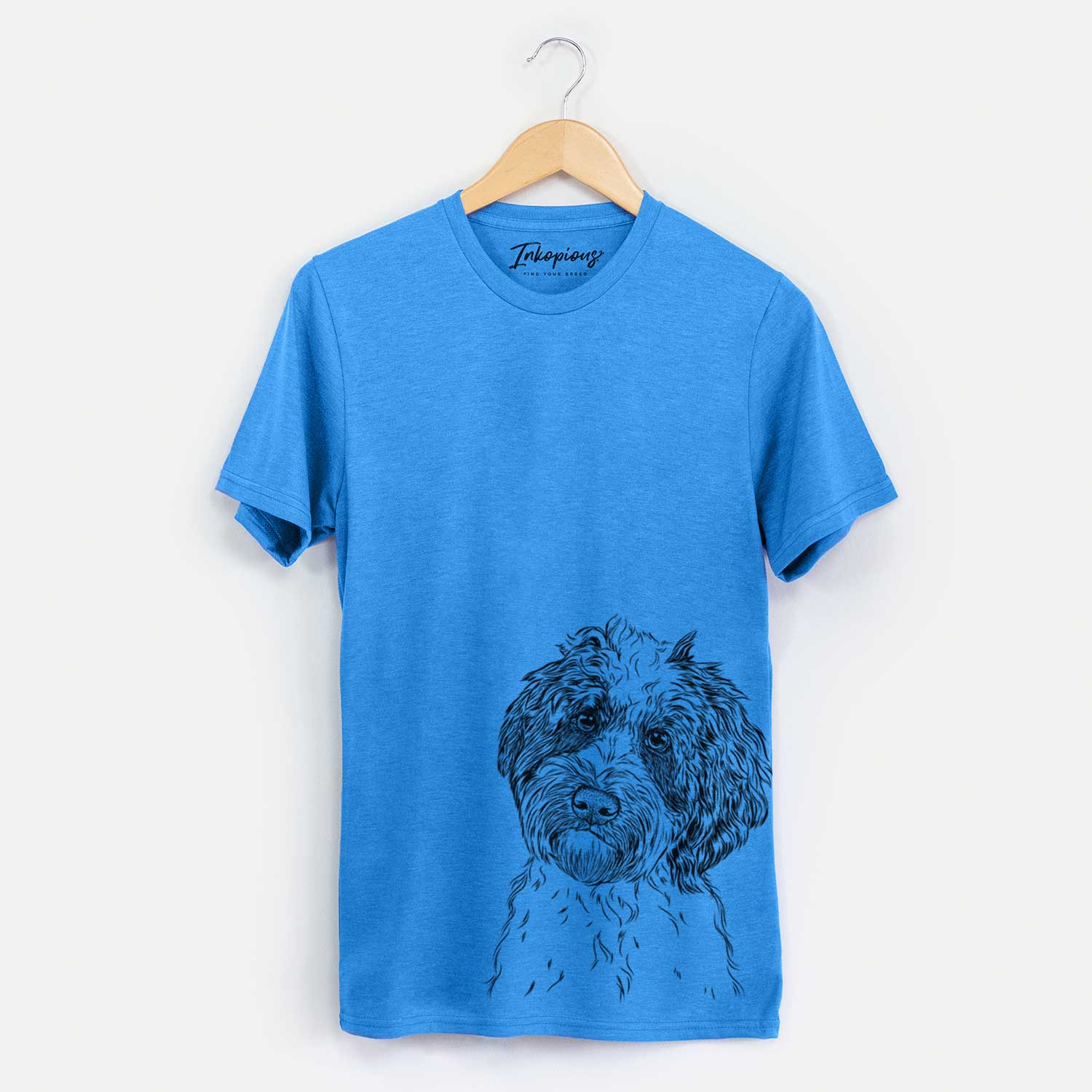 Hand-drawn sketch of Rooney the Aussiedoodle on a Blue Unisex crewneck