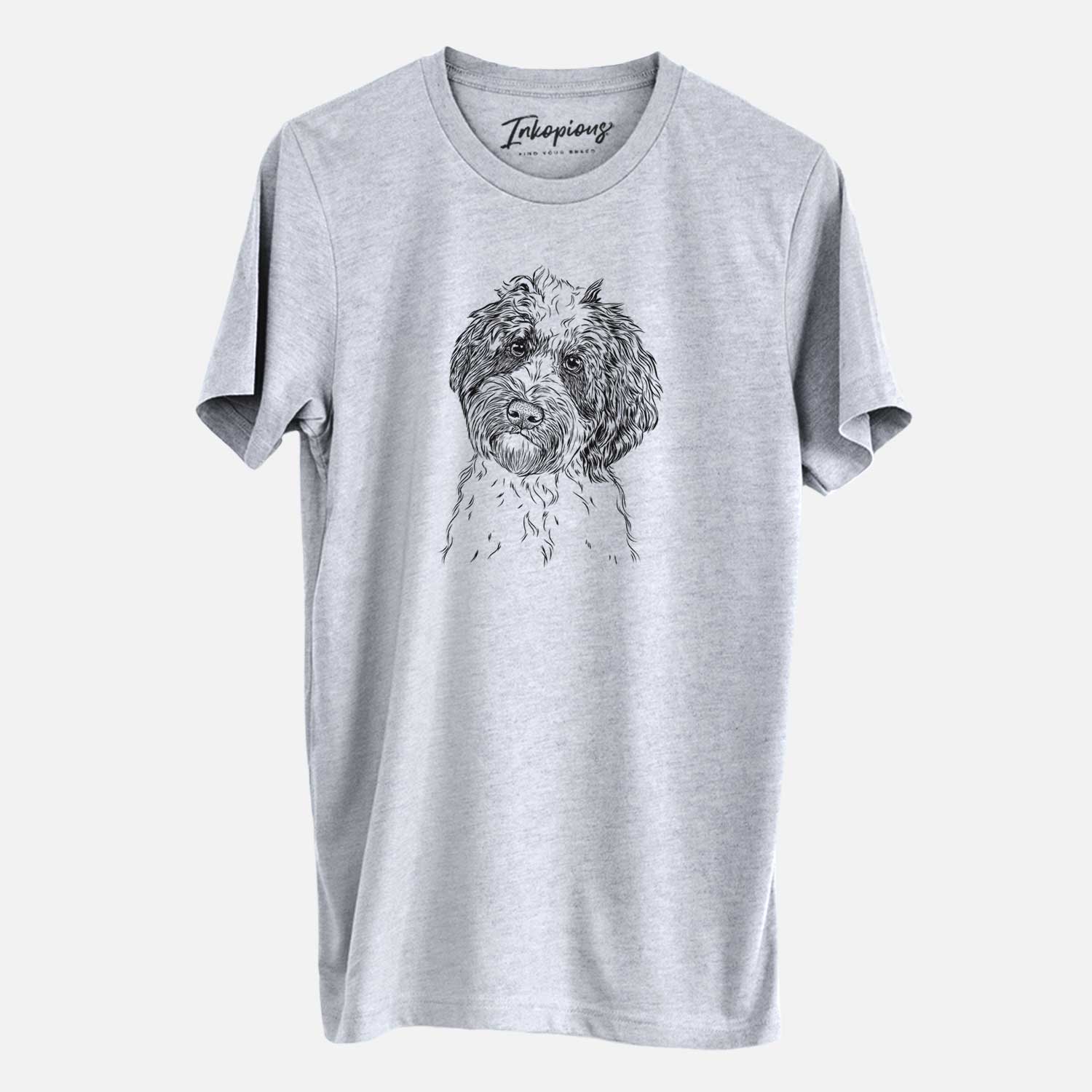 Hand-drawn sketch of Rooney the Aussiedoodle on a Grey Unisex crewneck