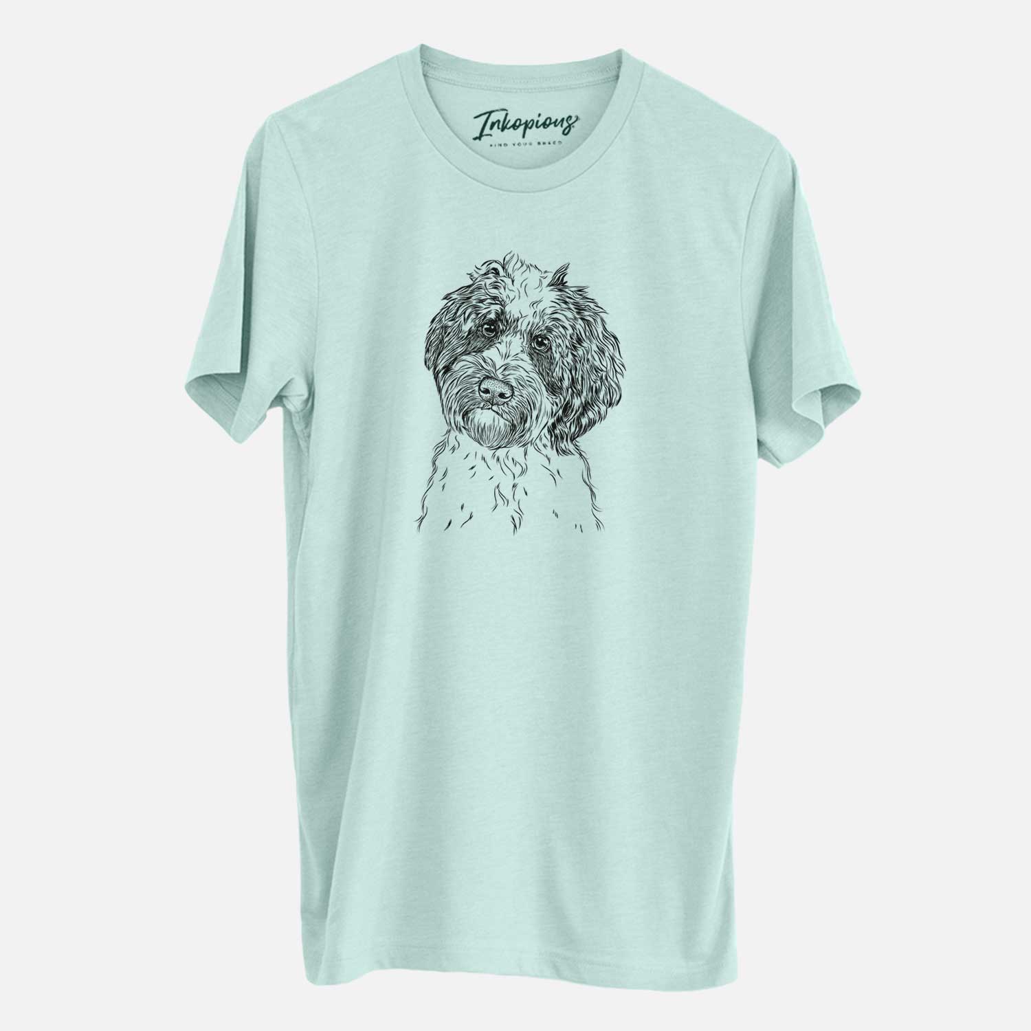 Hand-drawn sketch of Rooney the Aussiedoodle on a Heather Sage Unisex crewneck