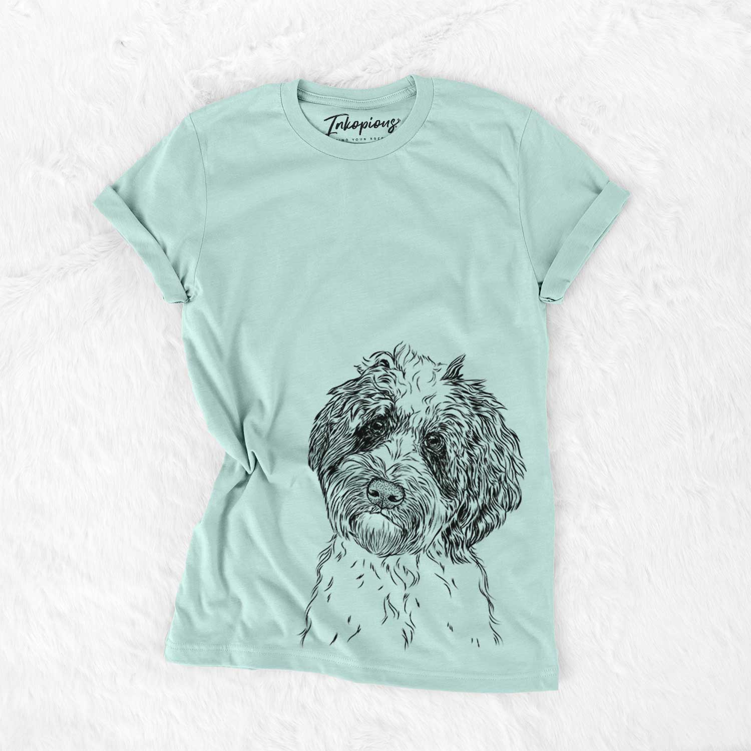 Hand-drawn sketch of Rooney the Aussiedoodle on a Heather Sage Bella Canvas Unisex Crewneck