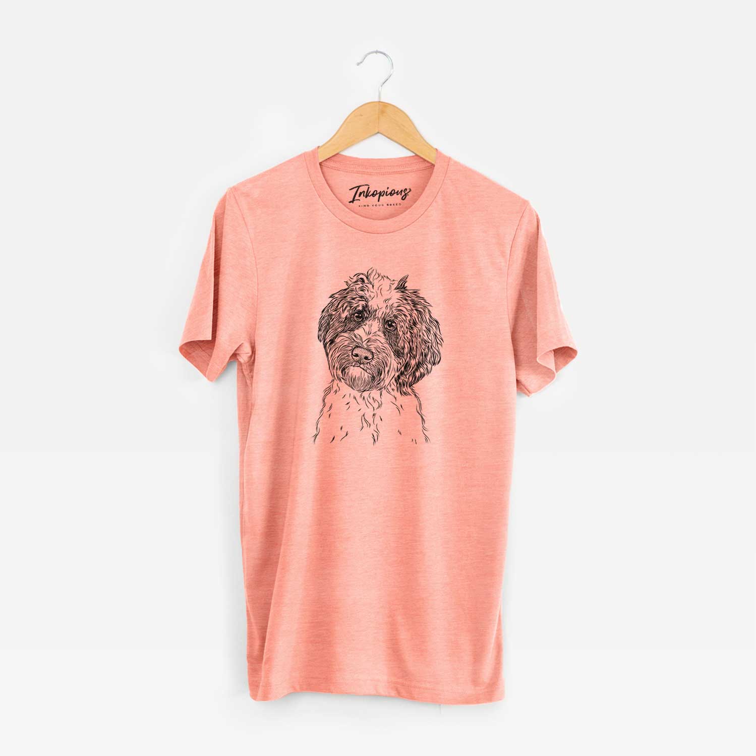 Hand-drawn sketch of Rooney the Aussiedoodle on a Sunset Unisex crewneck