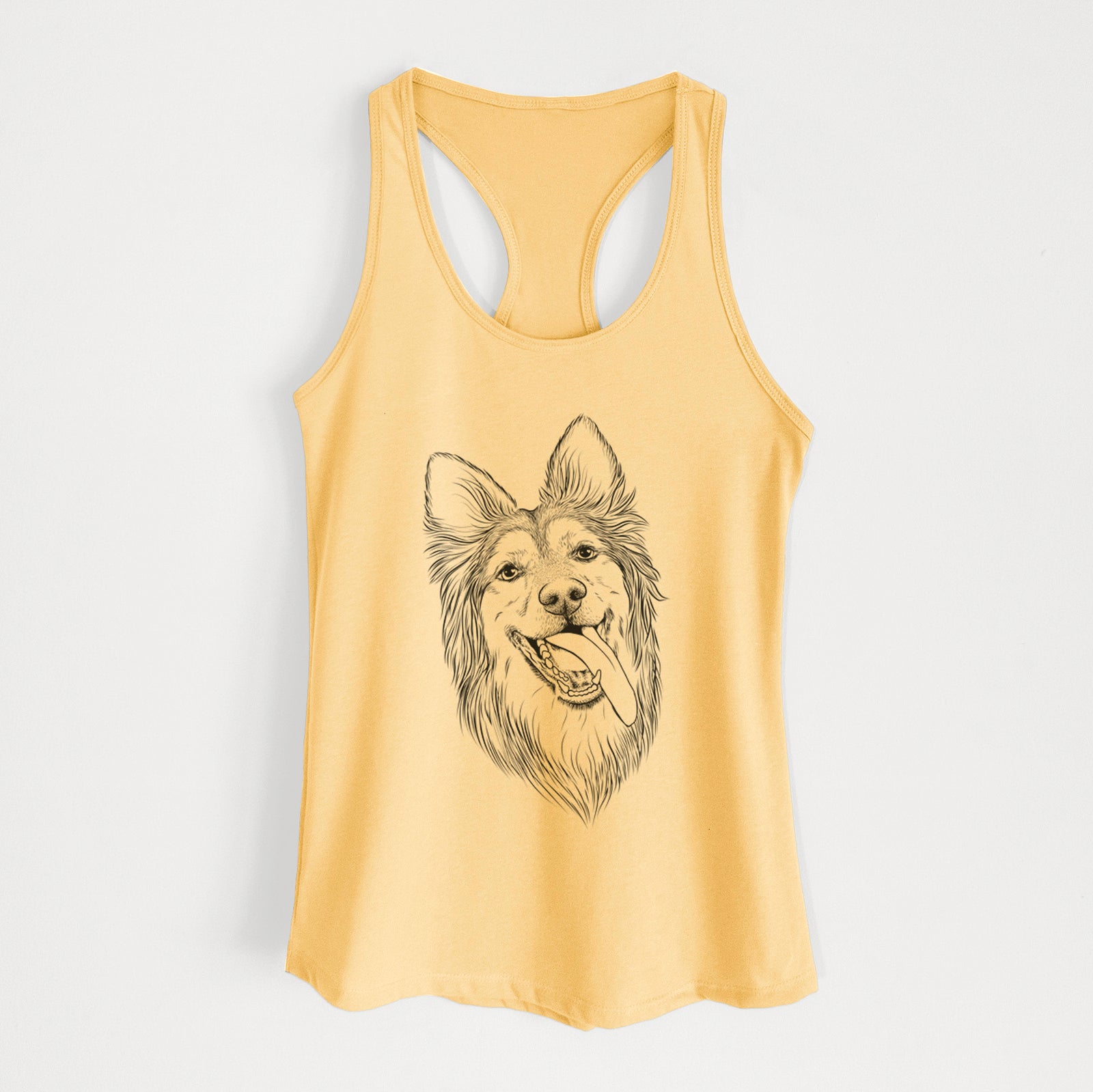 Hand-drawn sketch of Rosalie the German Shepherd Mix on a Banana Cream Women's racerback tanktop