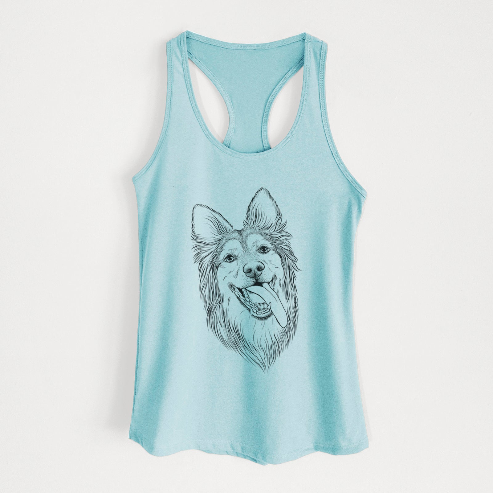 Hand-drawn sketch of Rosalie the German Shepherd Mix on a Cancun Blue Women's racerback tanktop