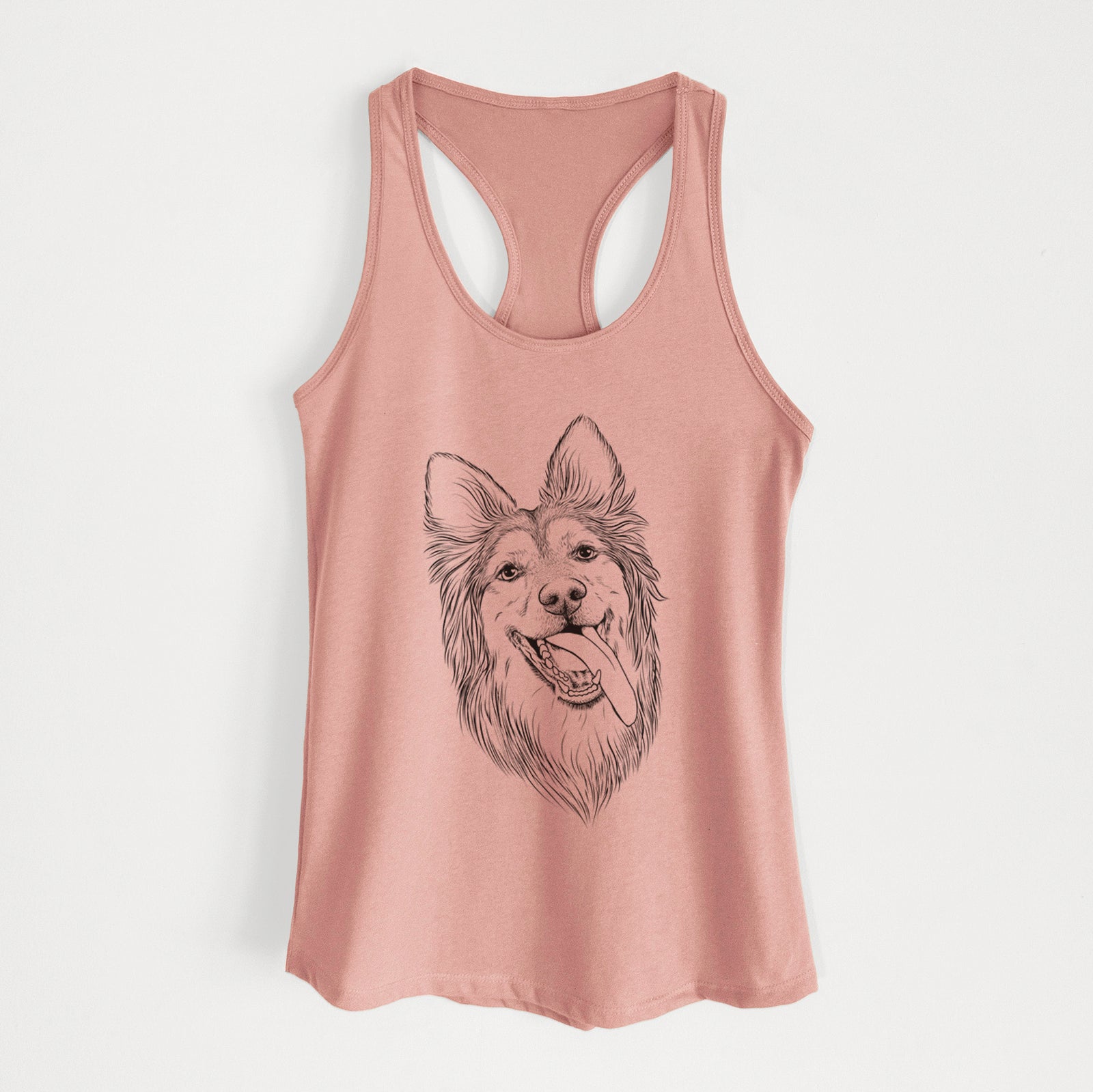 Hand-drawn sketch of Rosalie the German Shepherd Mix on a Desert Pink Women's racerback tanktop