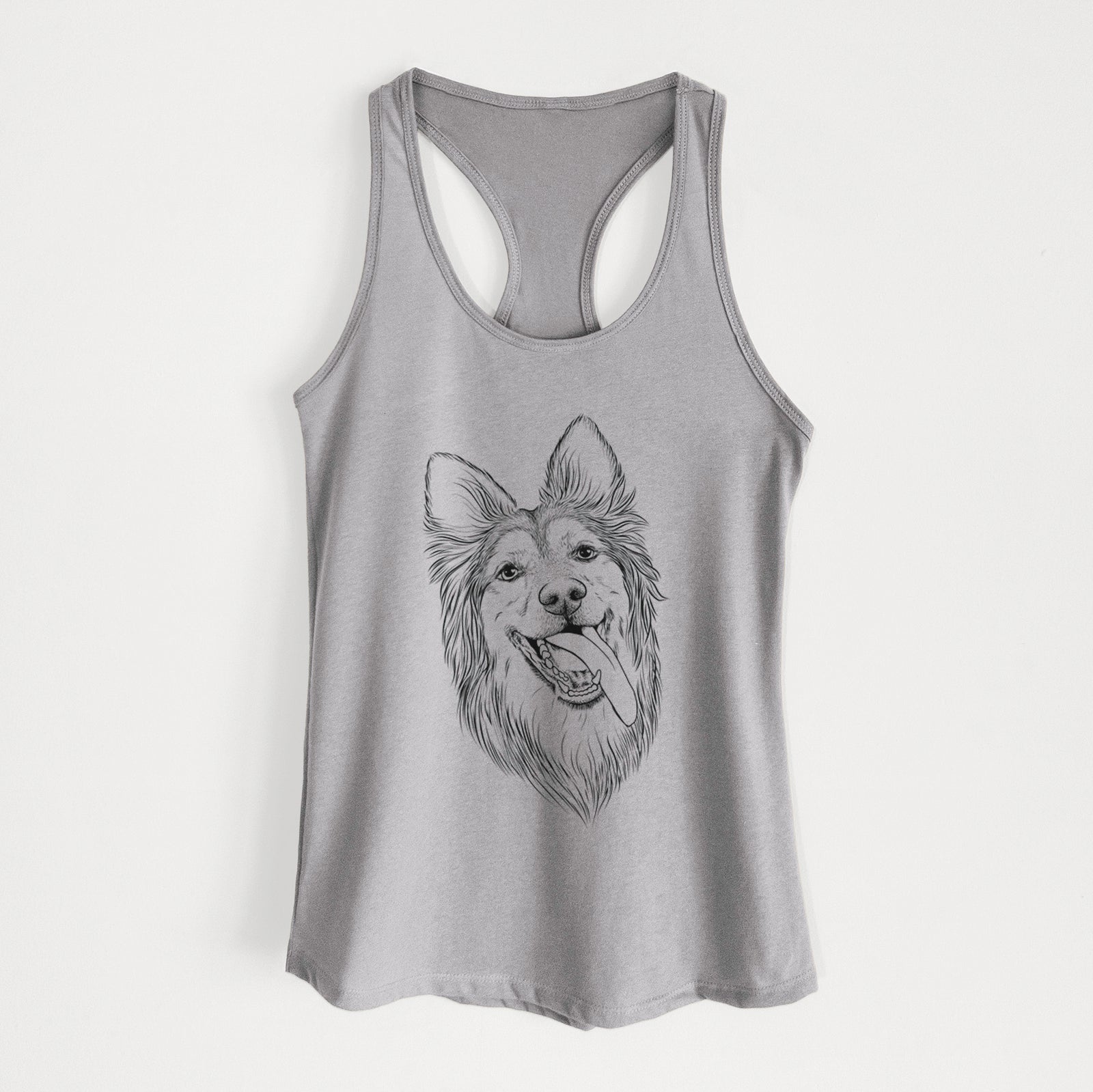 Hand-drawn sketch of Rosalie the German Shepherd Mix on a Heather Grey Women's racerback tanktop