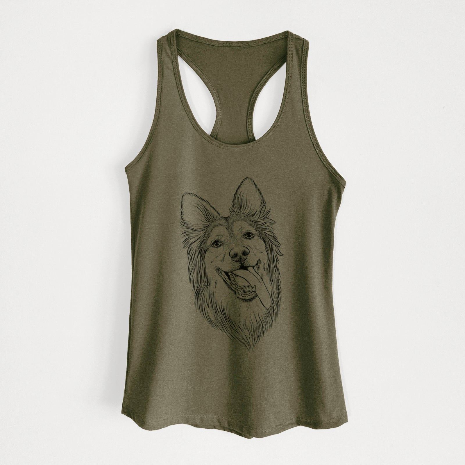 Hand-drawn sketch of Rosalie the German Shepherd Mix on a Military Green Women's racerback tanktop