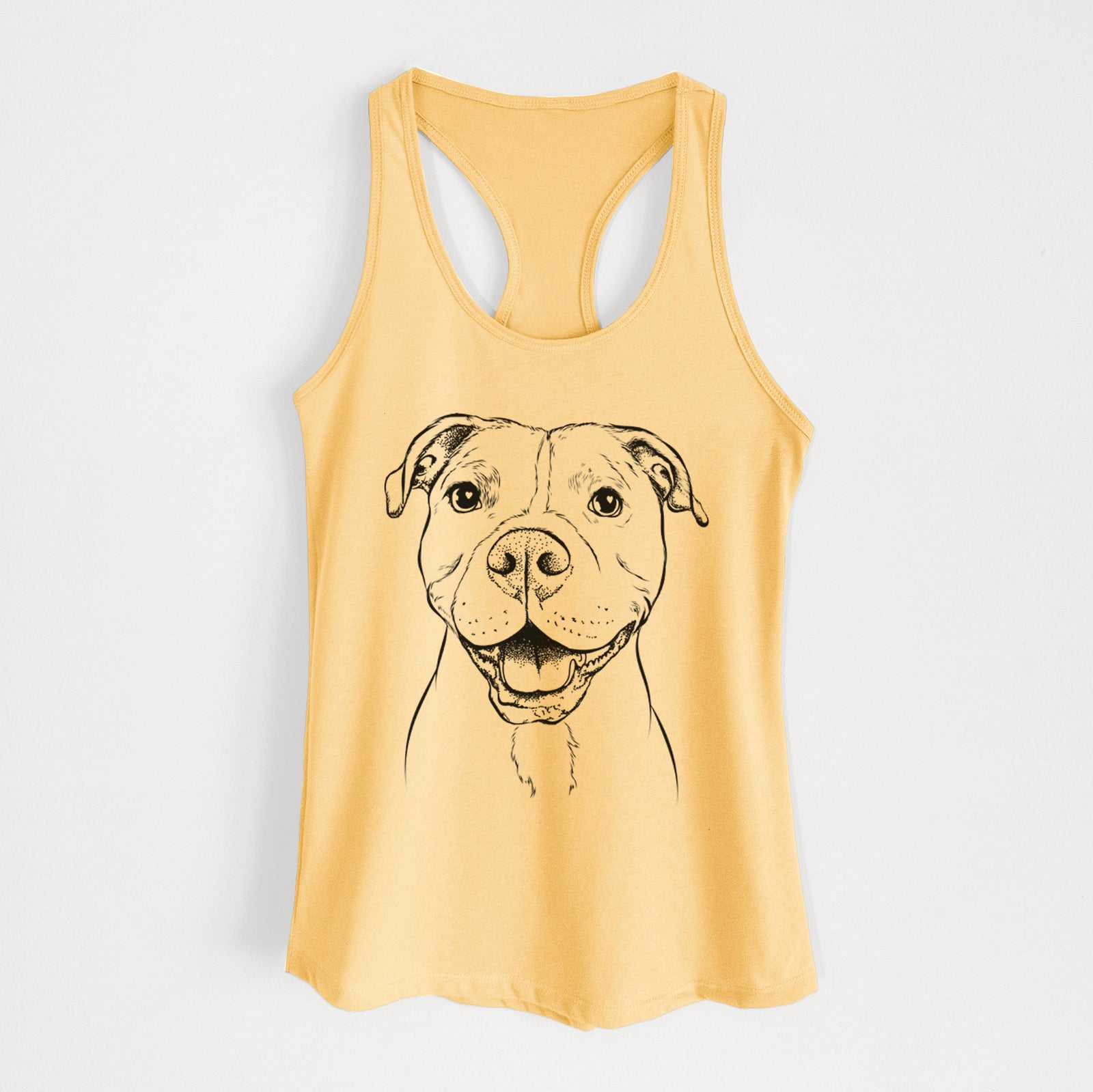 Hand-drawn sketch of Roscoe the Pitbull on a Banana Cream Women's racerback tanktop