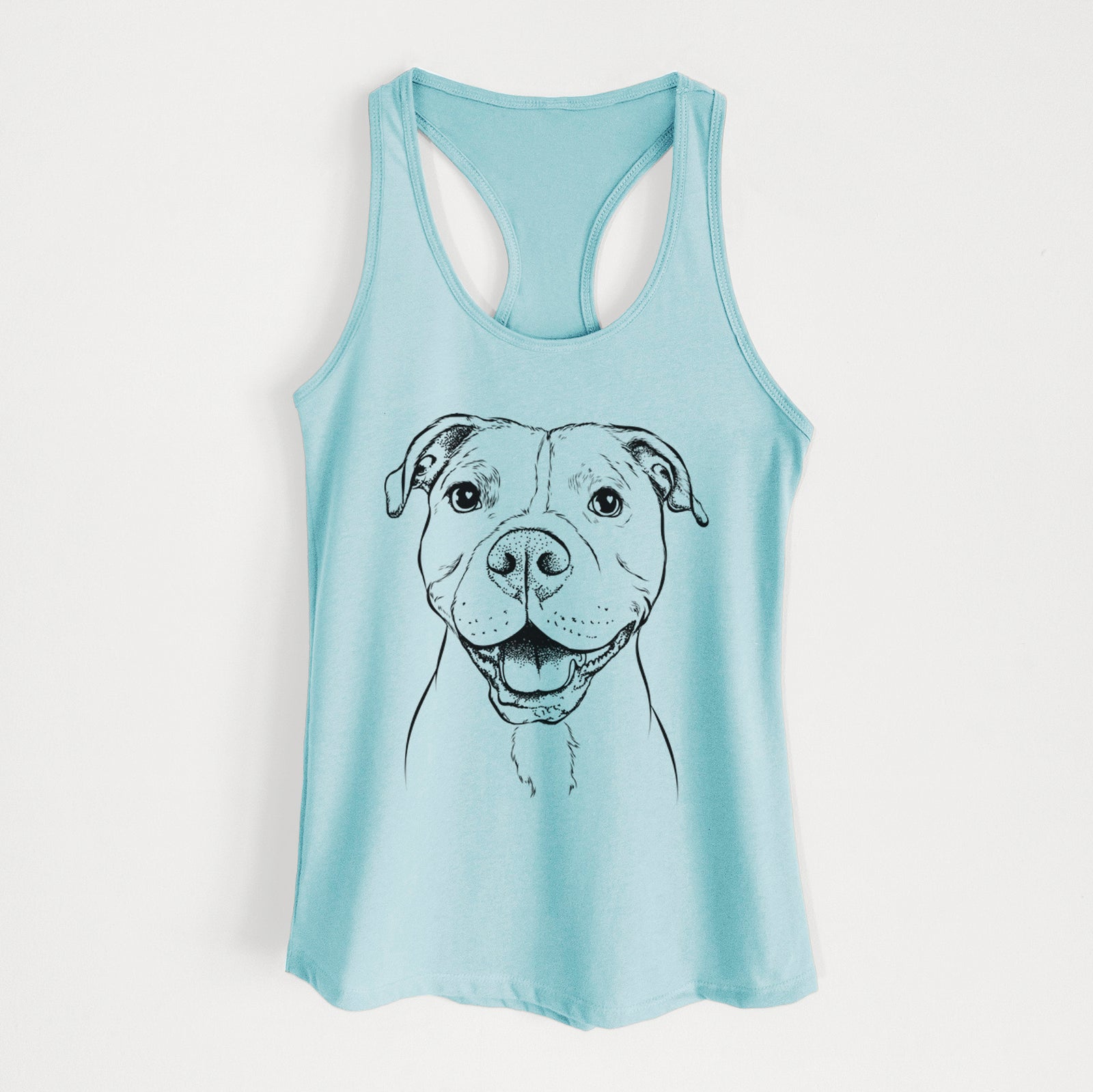 Hand-drawn sketch of Roscoe the Pitbull on a Cancun Blue Women's racerback tanktop