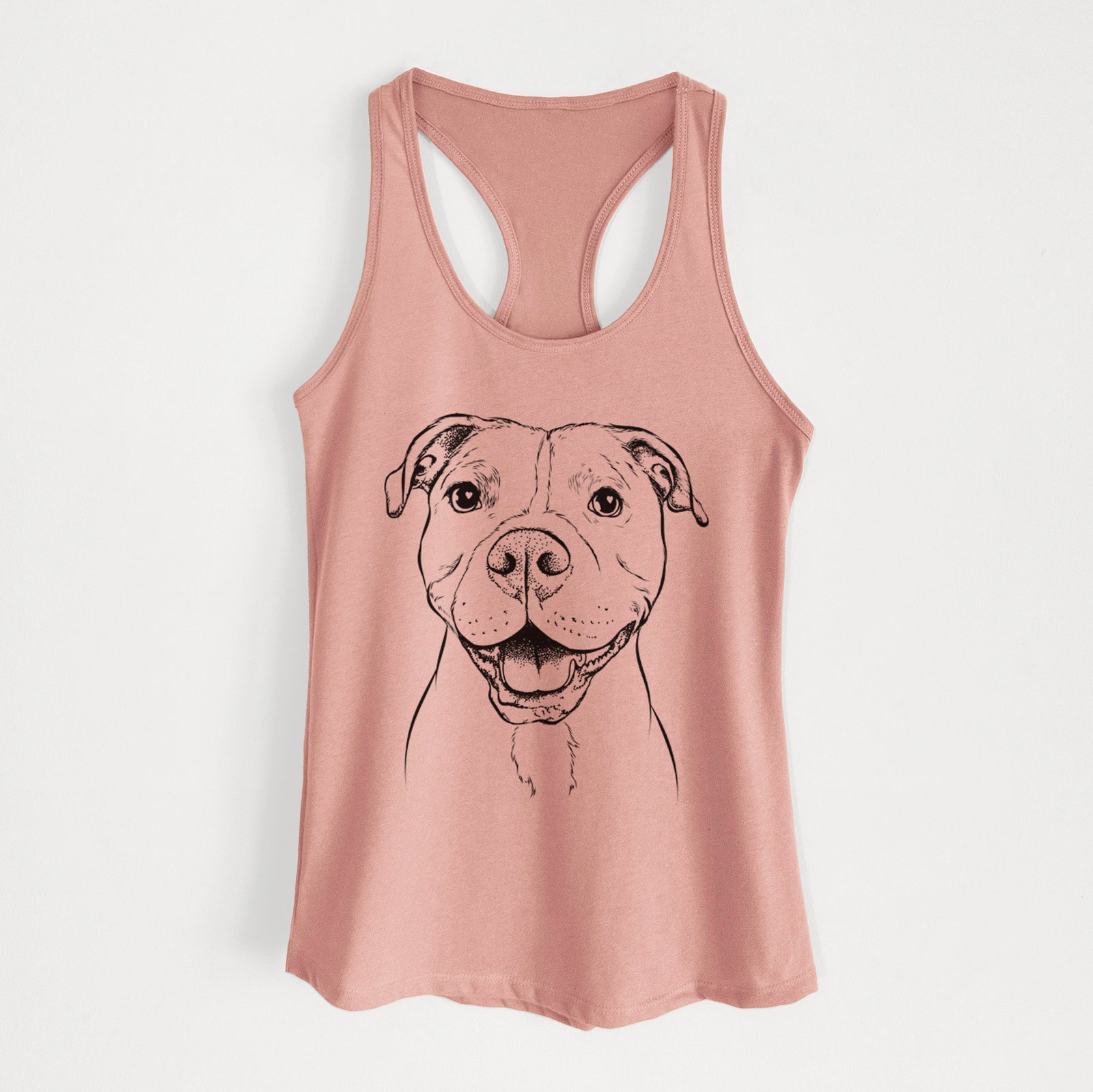 Hand-drawn sketch of Roscoe the Pitbull on a Desert Pink Women's racerback tanktop