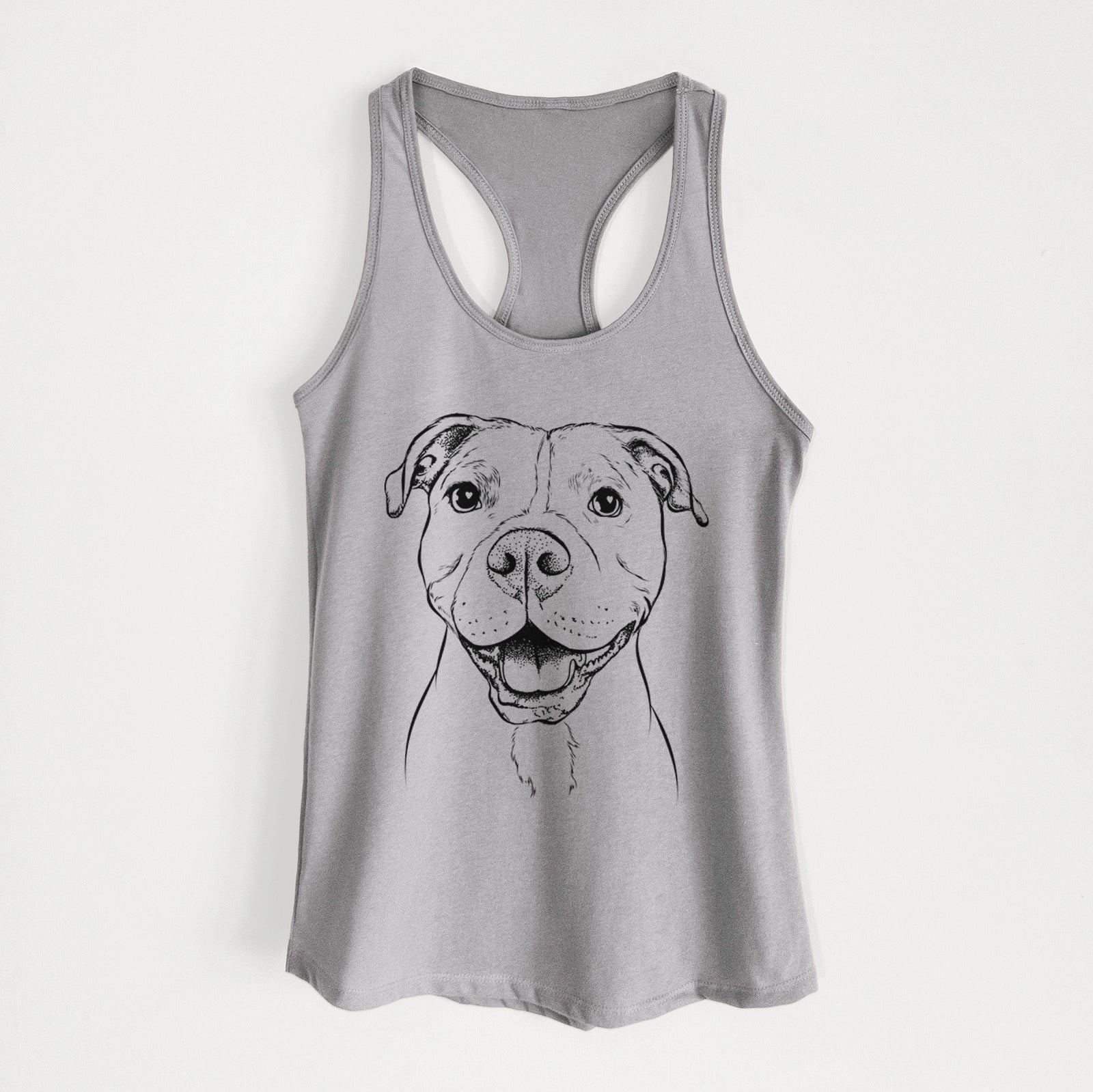 Hand-drawn sketch of Roscoe the Pitbull on a Heather Grey Women's racerback tanktop