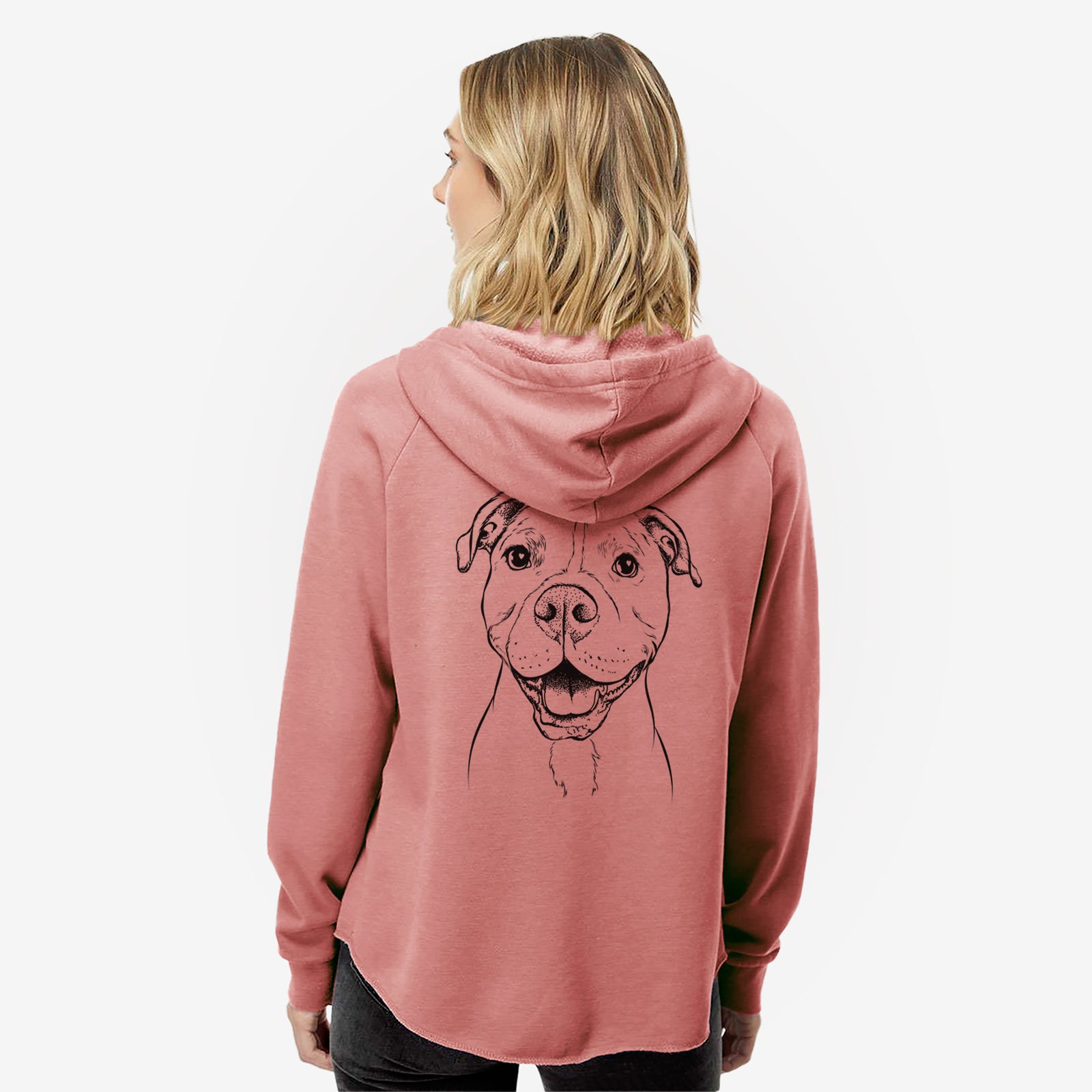 Hand-drawn sketch of Roscoe the Pitbull on a Dusty Rose Women's cali wave zip-up sweatshirt