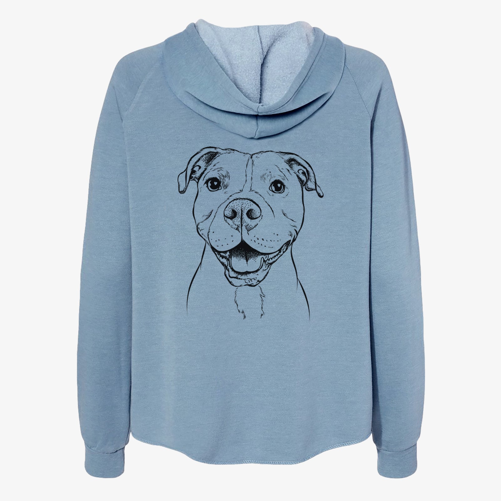 Hand-drawn sketch of Roscoe the Pitbull on a Misty Blue Women's cali wave zip-up sweatshirt